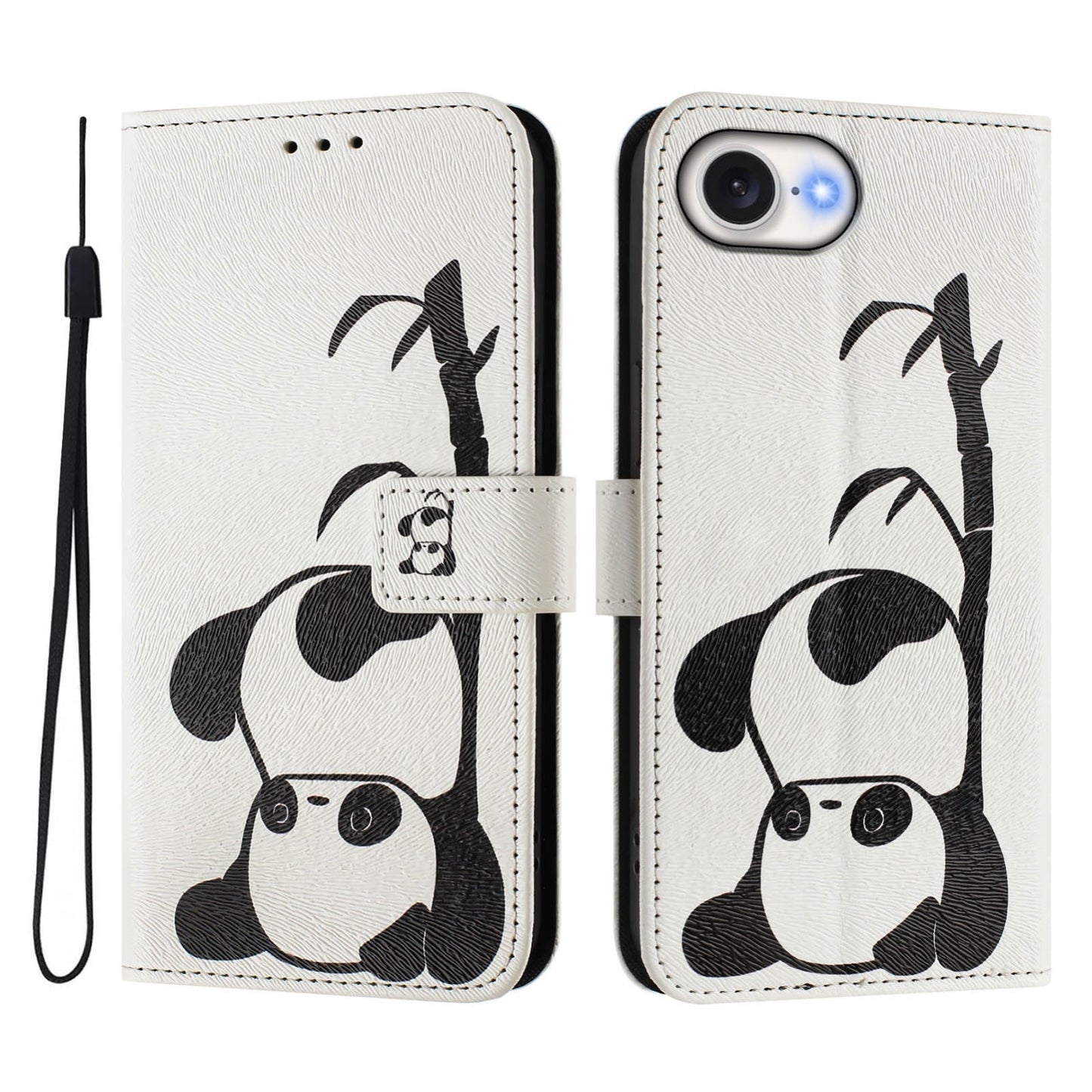 For iPhone 16e Art Colored Drawing Pattern Leather Phone Case(Panda)
