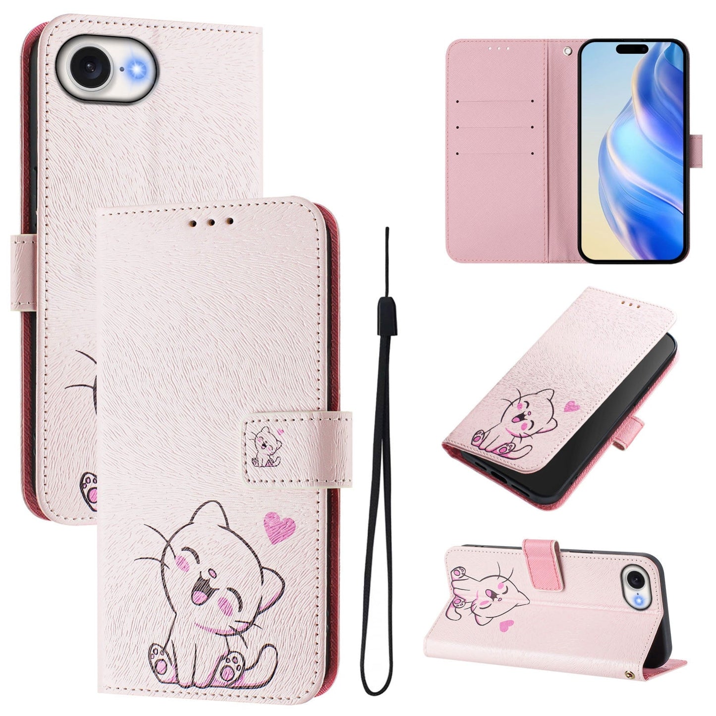For iPhone 16e Art Colored Drawing Pattern Leather Phone Case(Cute cat)