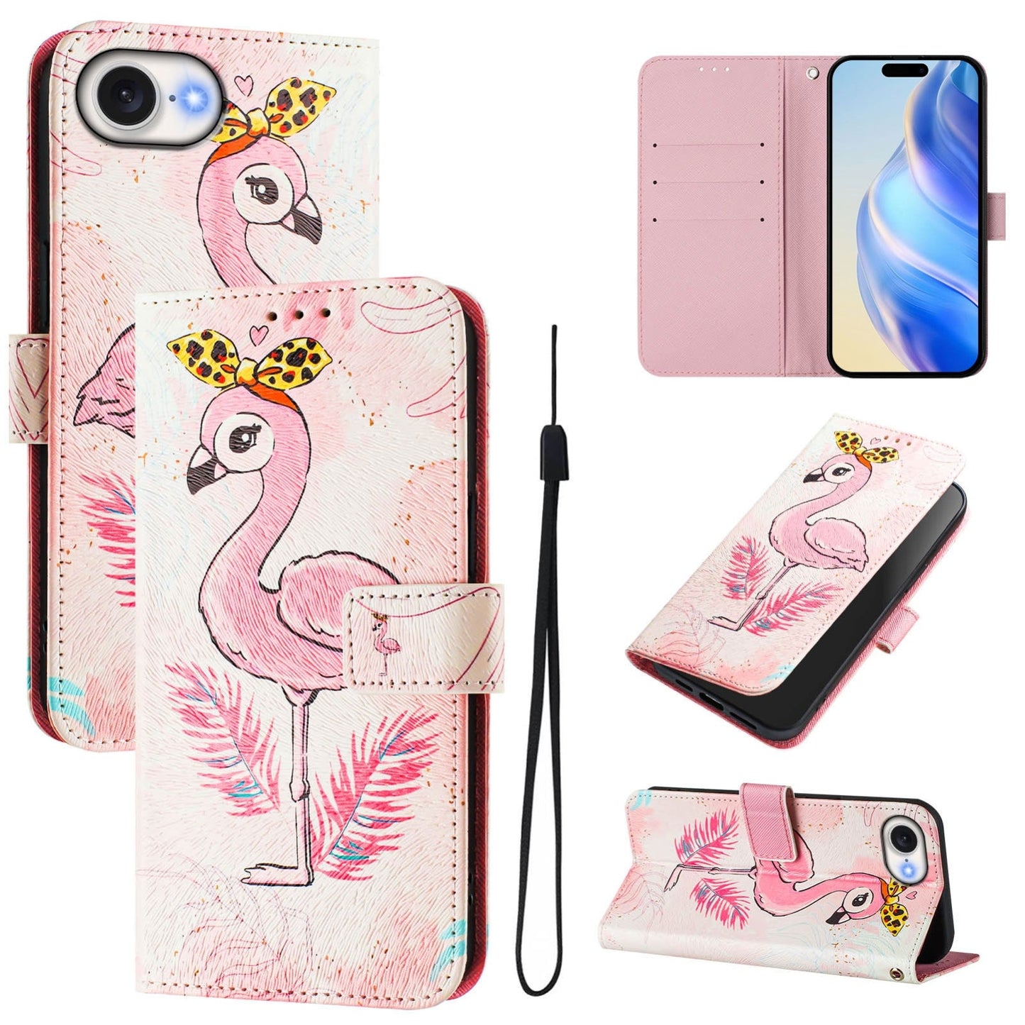 For iPhone 16e Art Colored Drawing Pattern Leather Phone Case(Flamingo)
