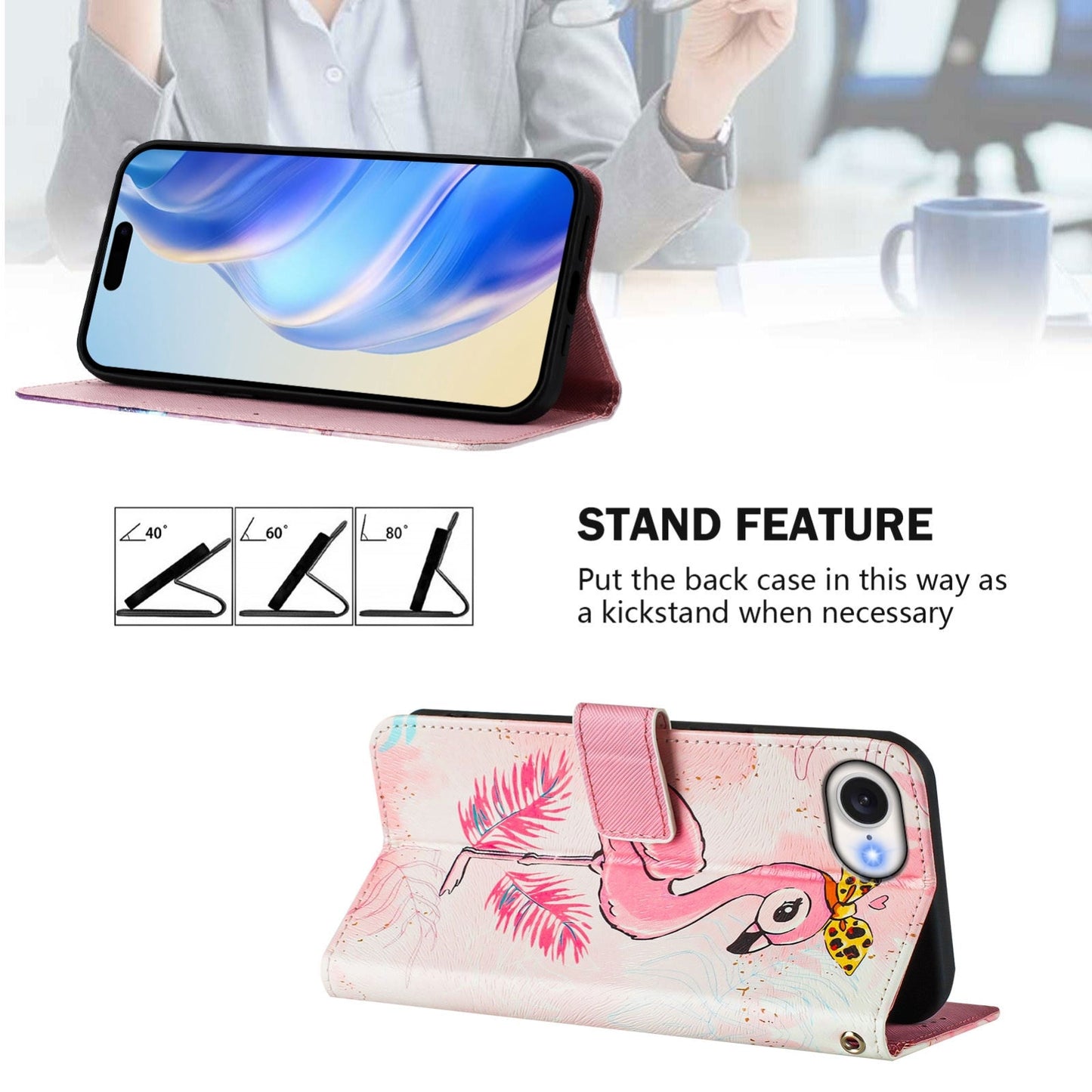 For iPhone 16e Art Colored Drawing Pattern Leather Phone Case(Flamingo)