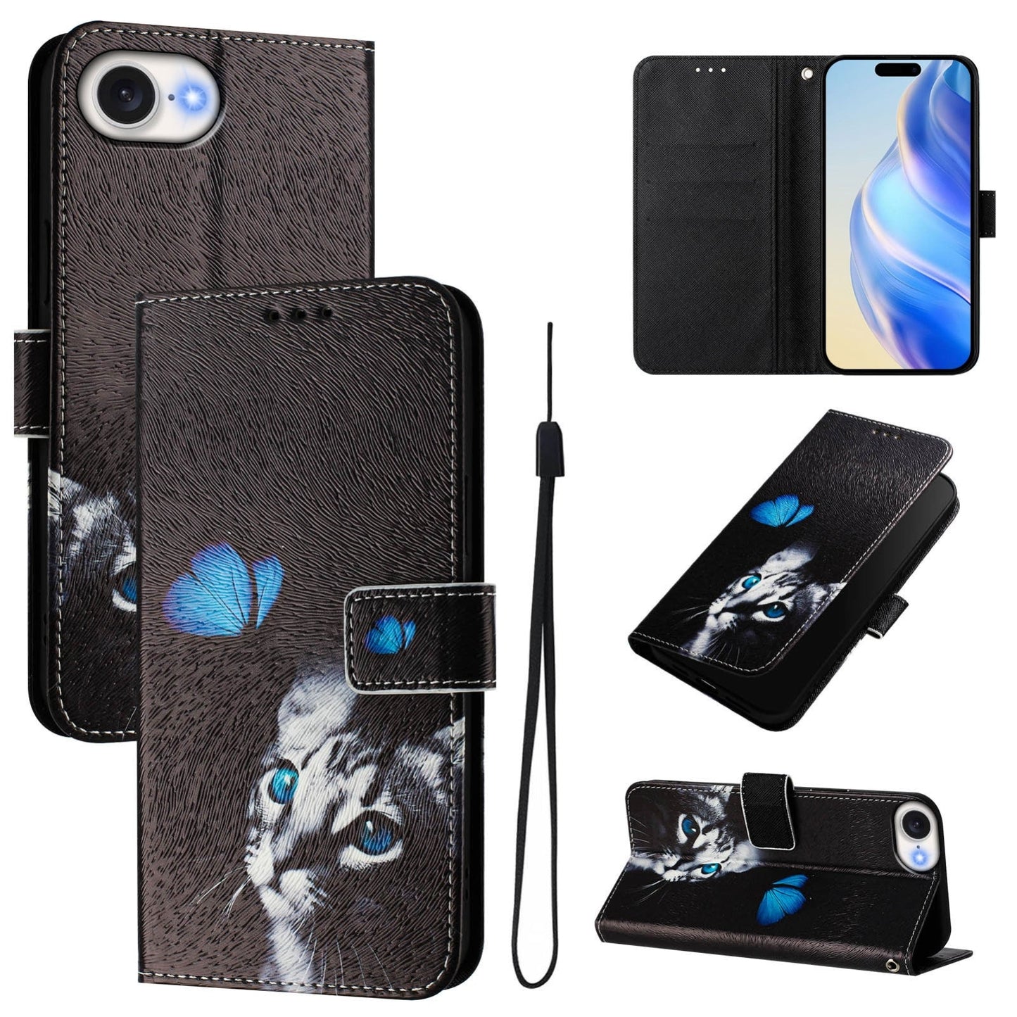 For iPhone 16e Art Colored Drawing Pattern Leather Phone Case(Butterfly cat)