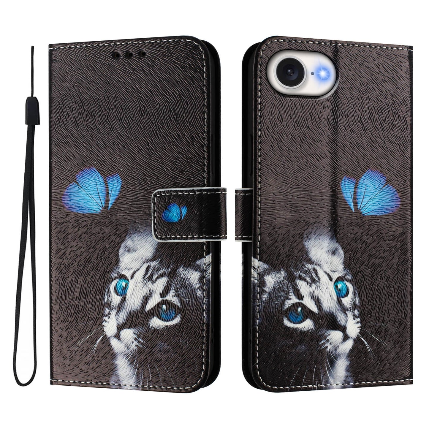 For iPhone 16e Art Colored Drawing Pattern Leather Phone Case(Butterfly cat)