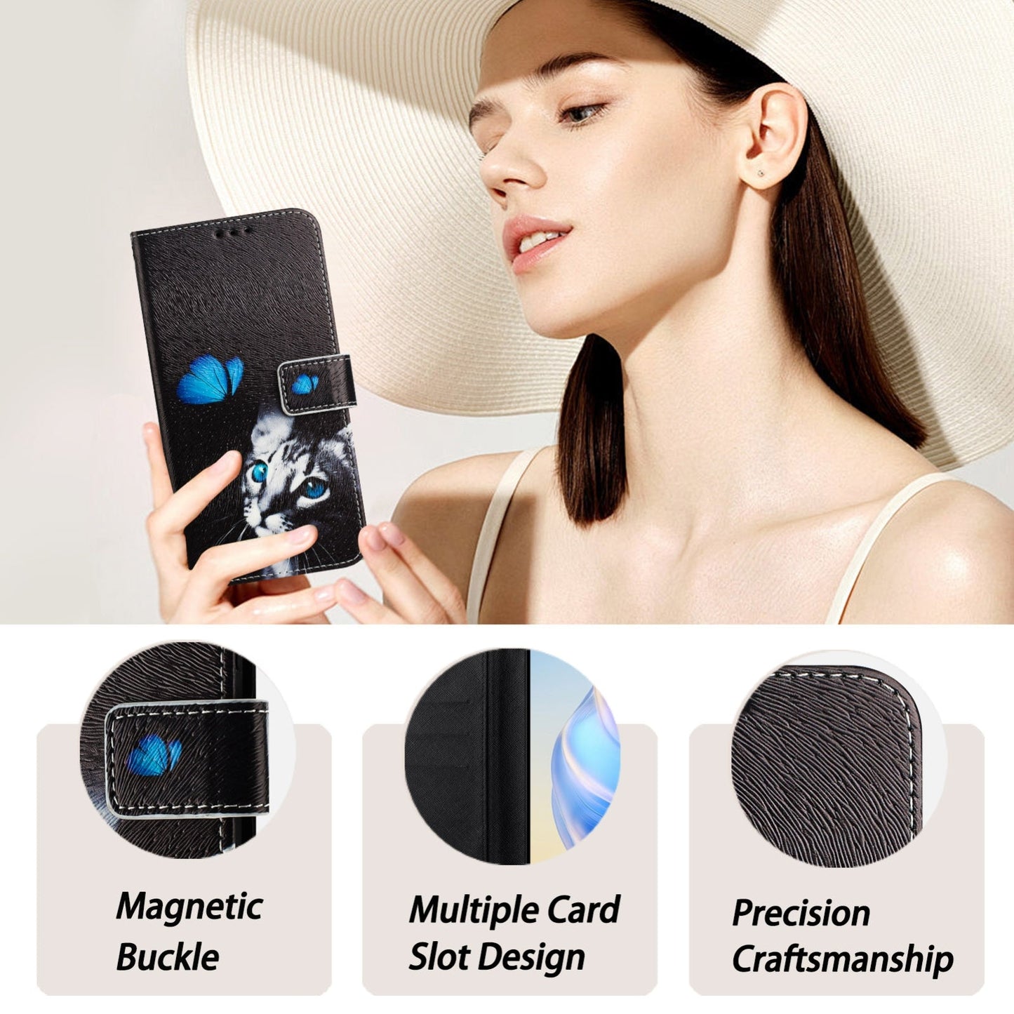 For iPhone 16e Art Colored Drawing Pattern Leather Phone Case(Butterfly cat)