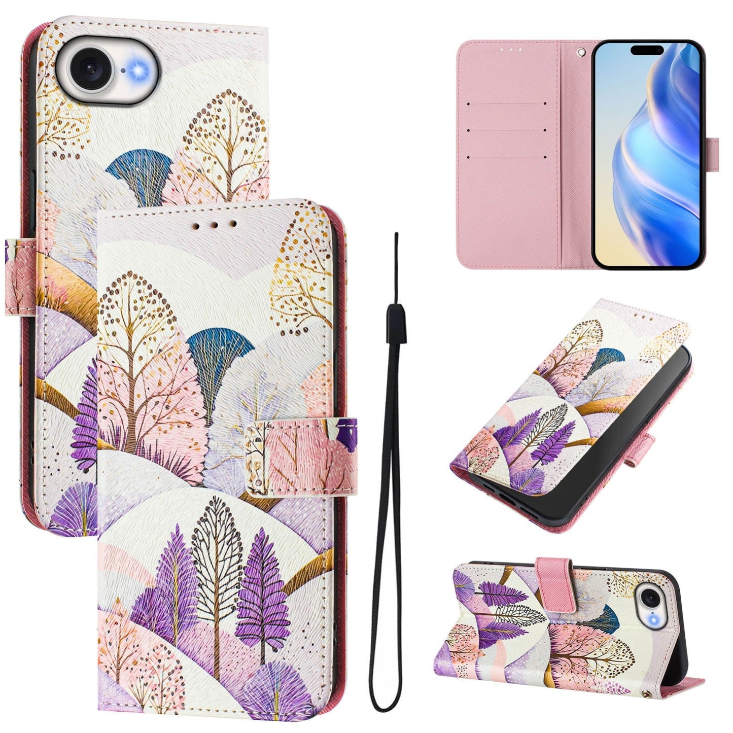 For iPhone 16e Art Colored Drawing Pattern Leather Phone Case(Landscape)