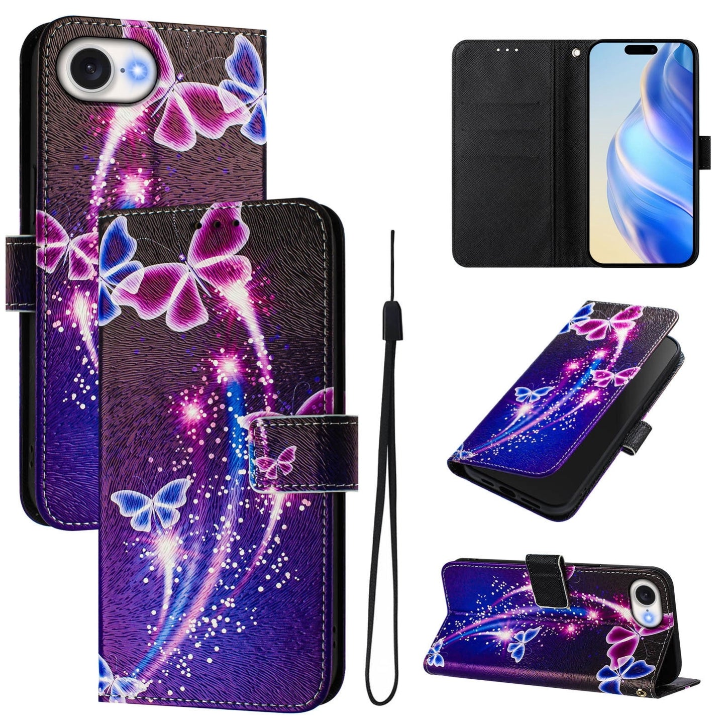 For iPhone 16e Art Colored Drawing Pattern Leather Phone Case(Fireworks butterfly)
