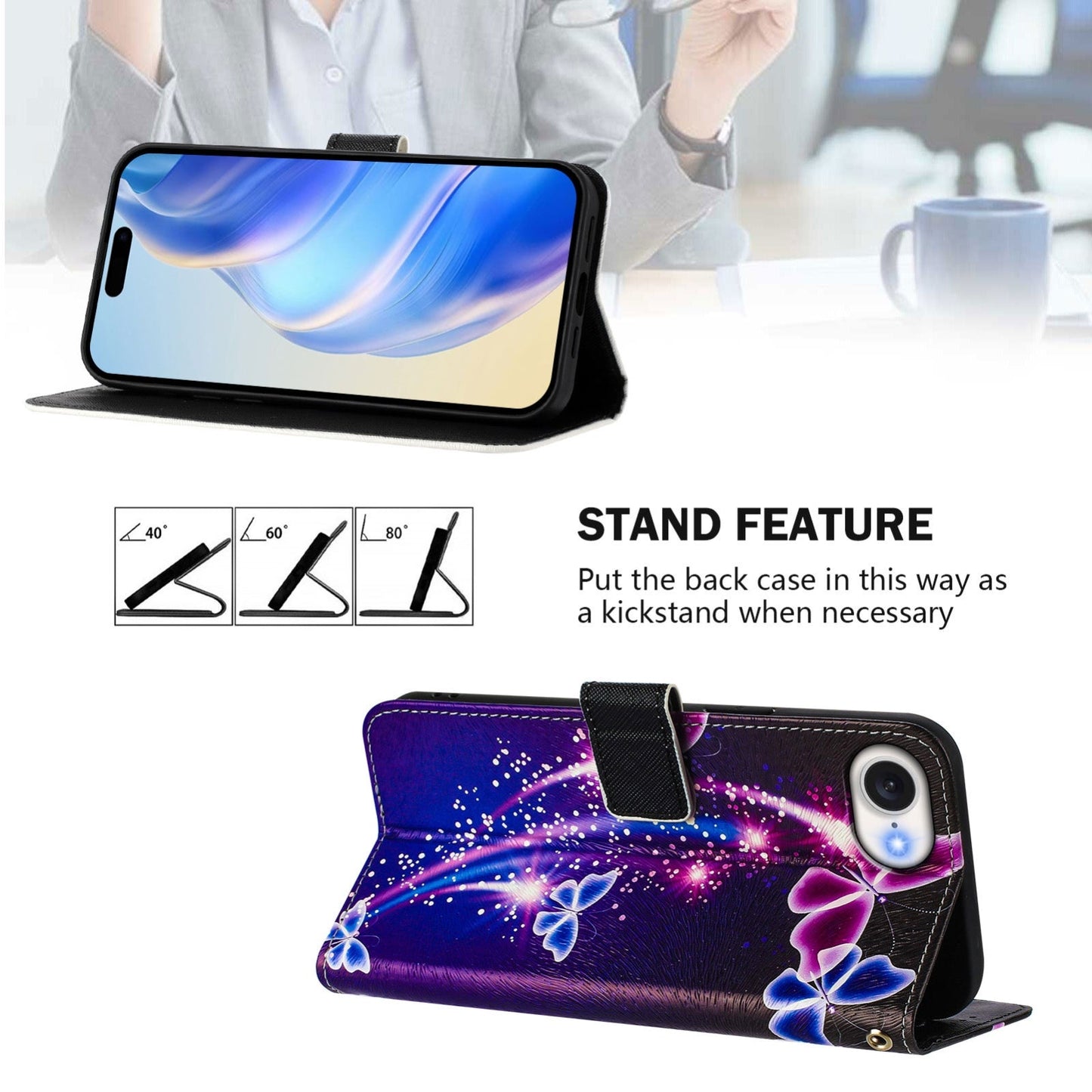 For iPhone 16e Art Colored Drawing Pattern Leather Phone Case(Fireworks butterfly)