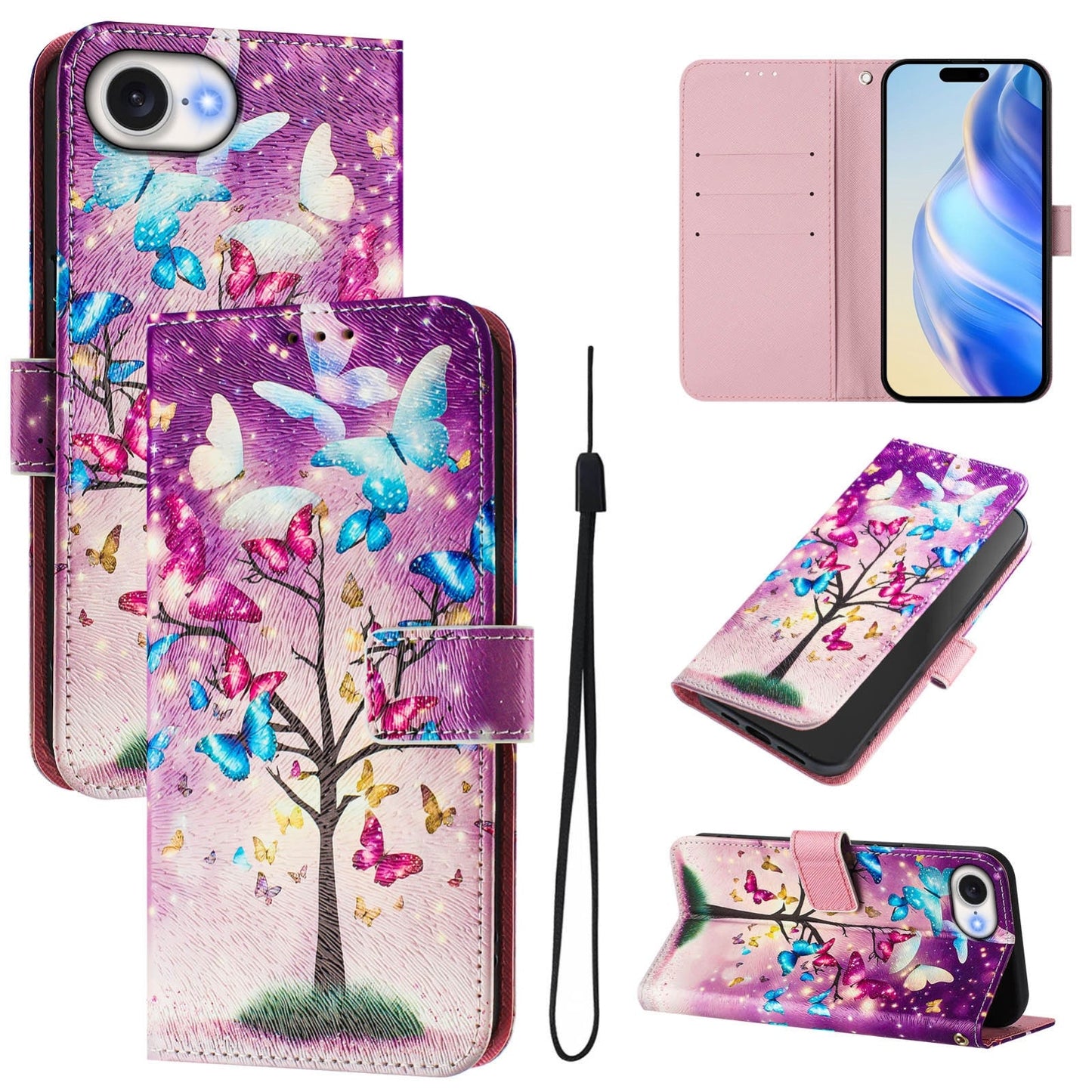 For iPhone 16e Art Colored Drawing Pattern Leather Phone Case(Butterfly branch)