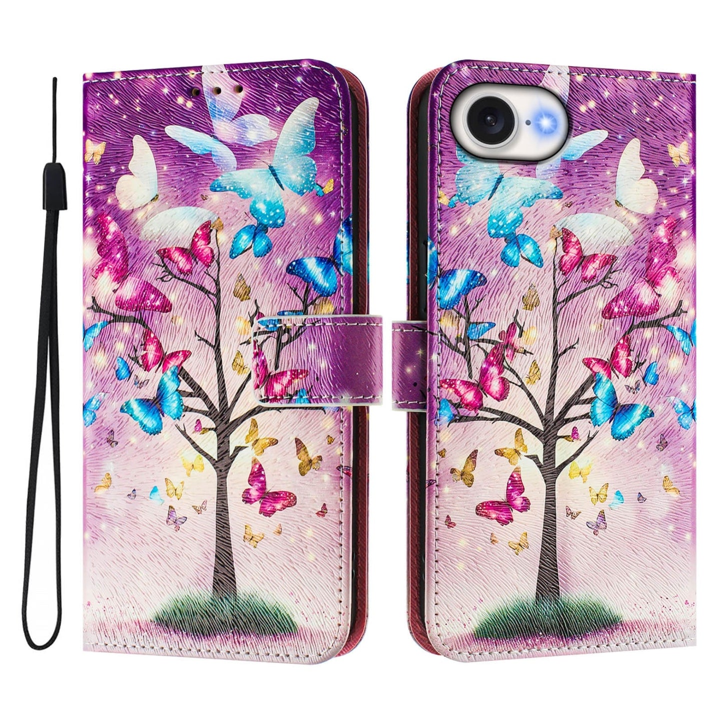 For iPhone 16e Art Colored Drawing Pattern Leather Phone Case(Butterfly branch)
