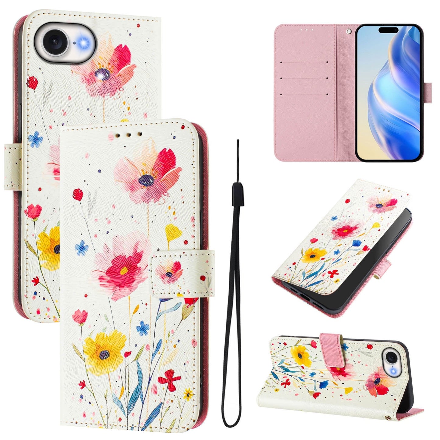 For iPhone 16e Art Colored Drawing Pattern Leather Phone Case(Flowers and plants)