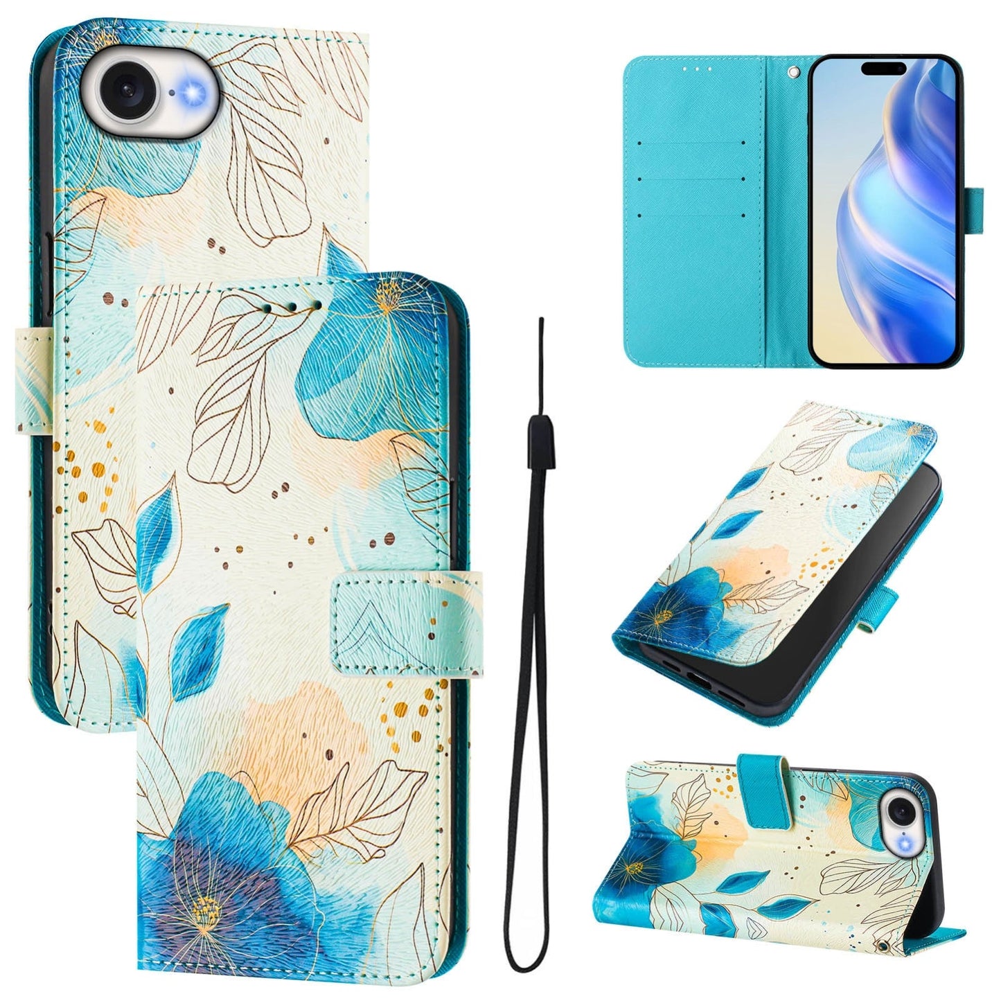 For iPhone 16e Art Colored Drawing Pattern Leather Phone Case(Flowering flowers)
