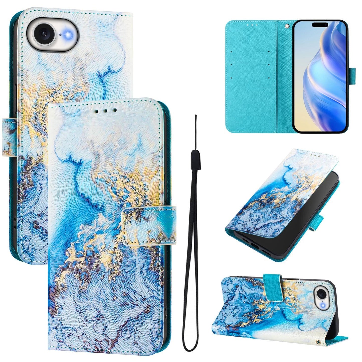 For iPhone 16e Art Colored Drawing Pattern Leather Phone Case(Ocean marble)