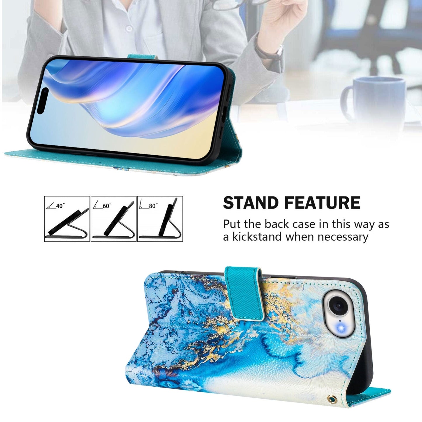 For iPhone 16e Art Colored Drawing Pattern Leather Phone Case(Ocean marble)