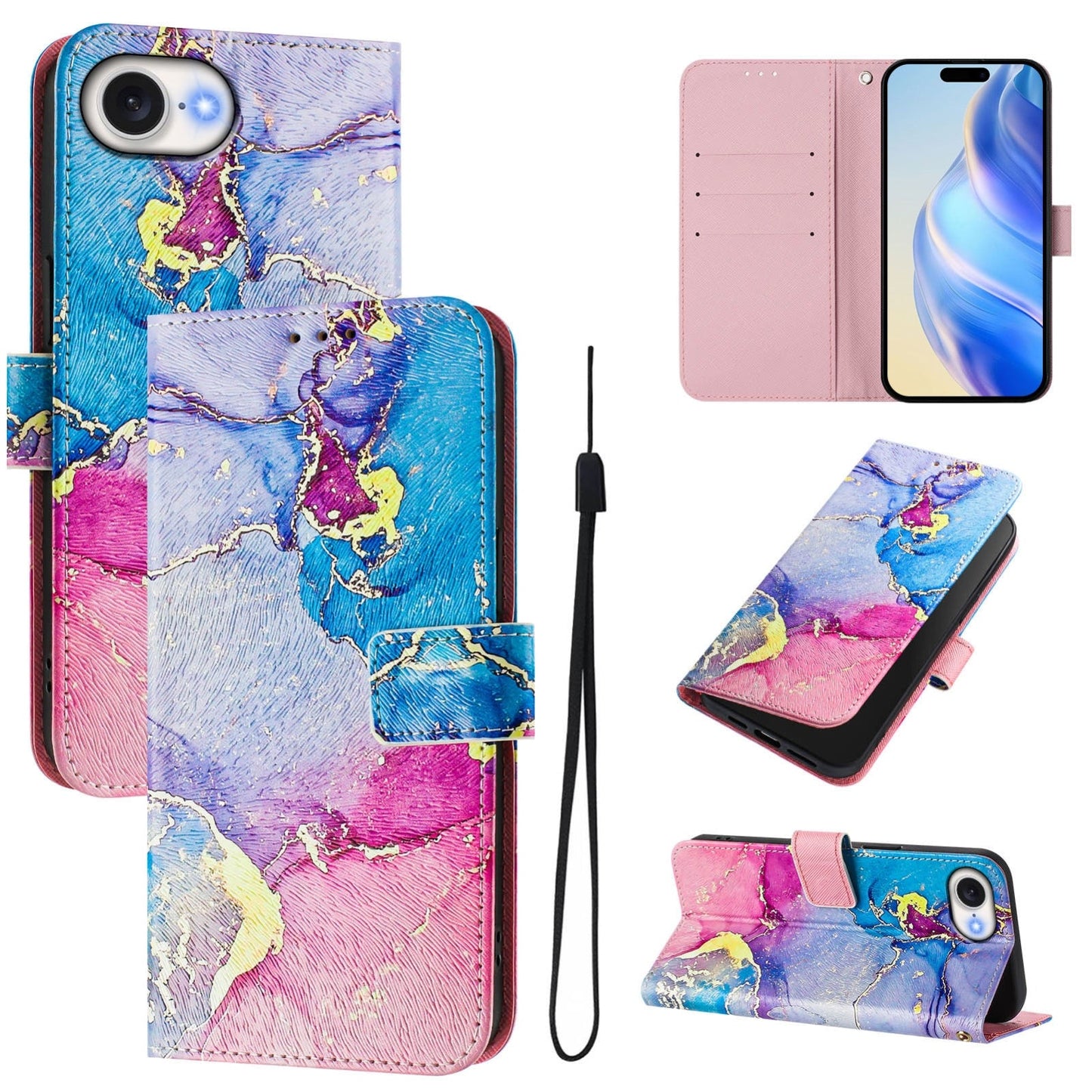 For iPhone 16e Art Colored Drawing Pattern Leather Phone Case(Colorful marble)