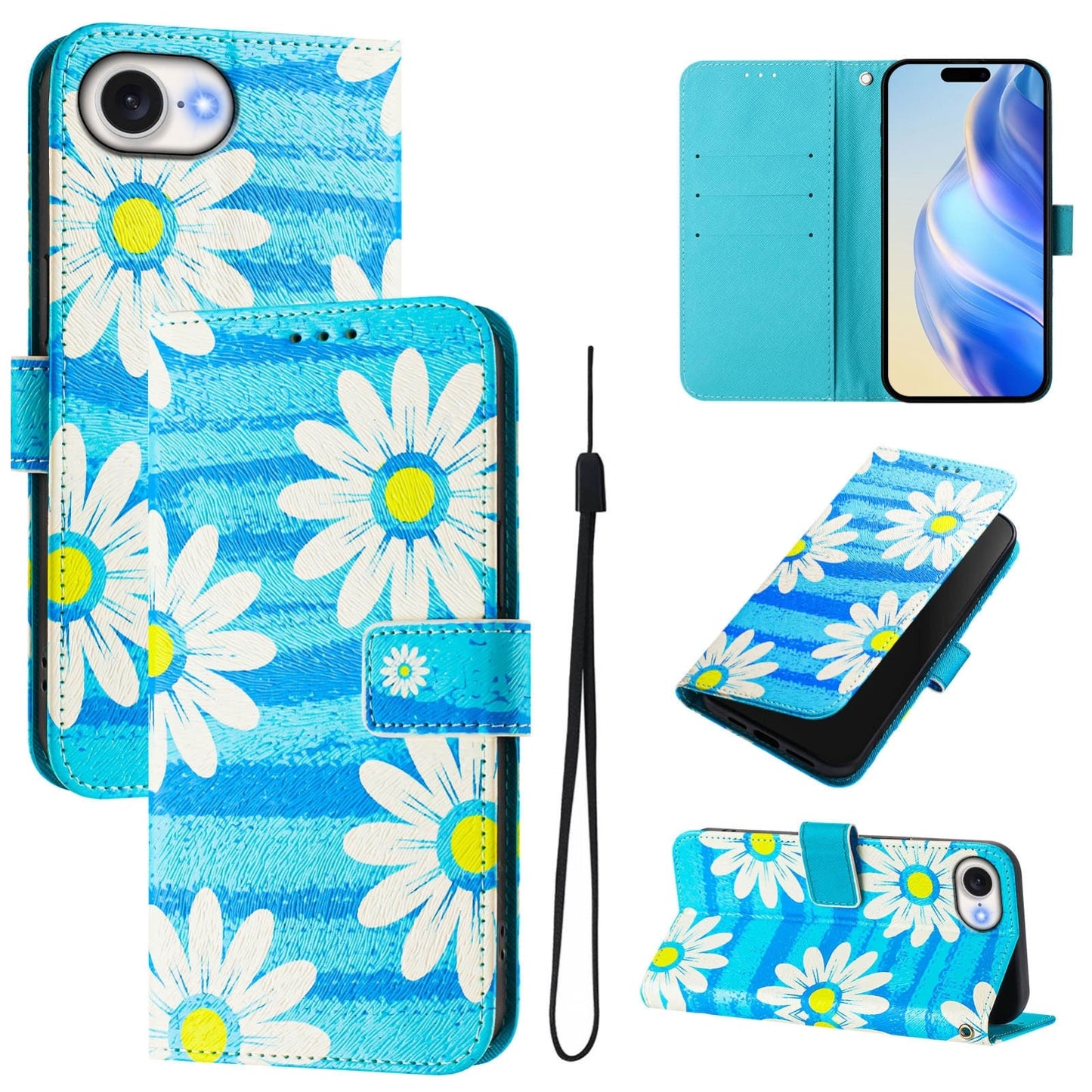 For iPhone 16e Art Colored Drawing Pattern Leather Phone Case(Blue daisy)