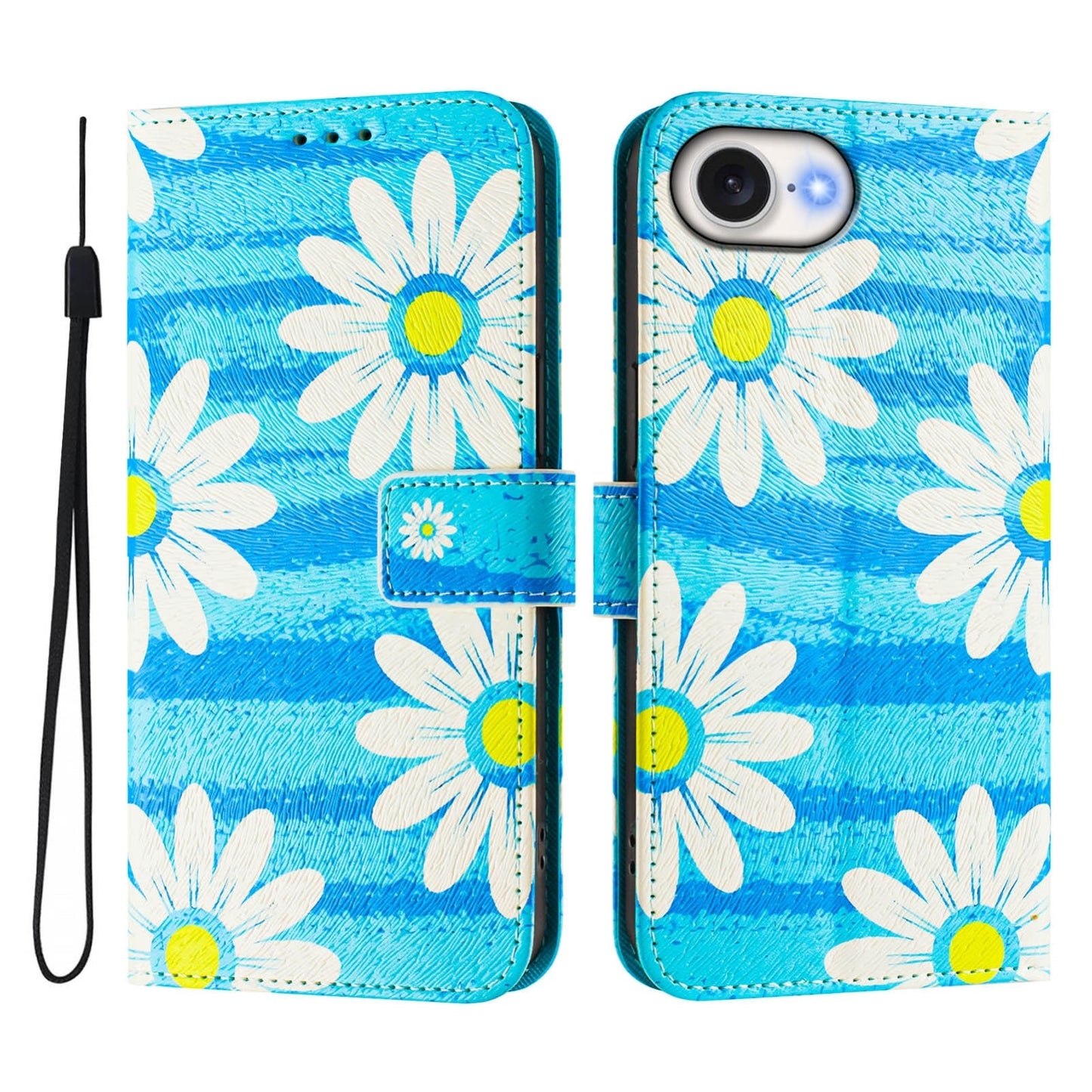For iPhone 16e Art Colored Drawing Pattern Leather Phone Case(Blue daisy)