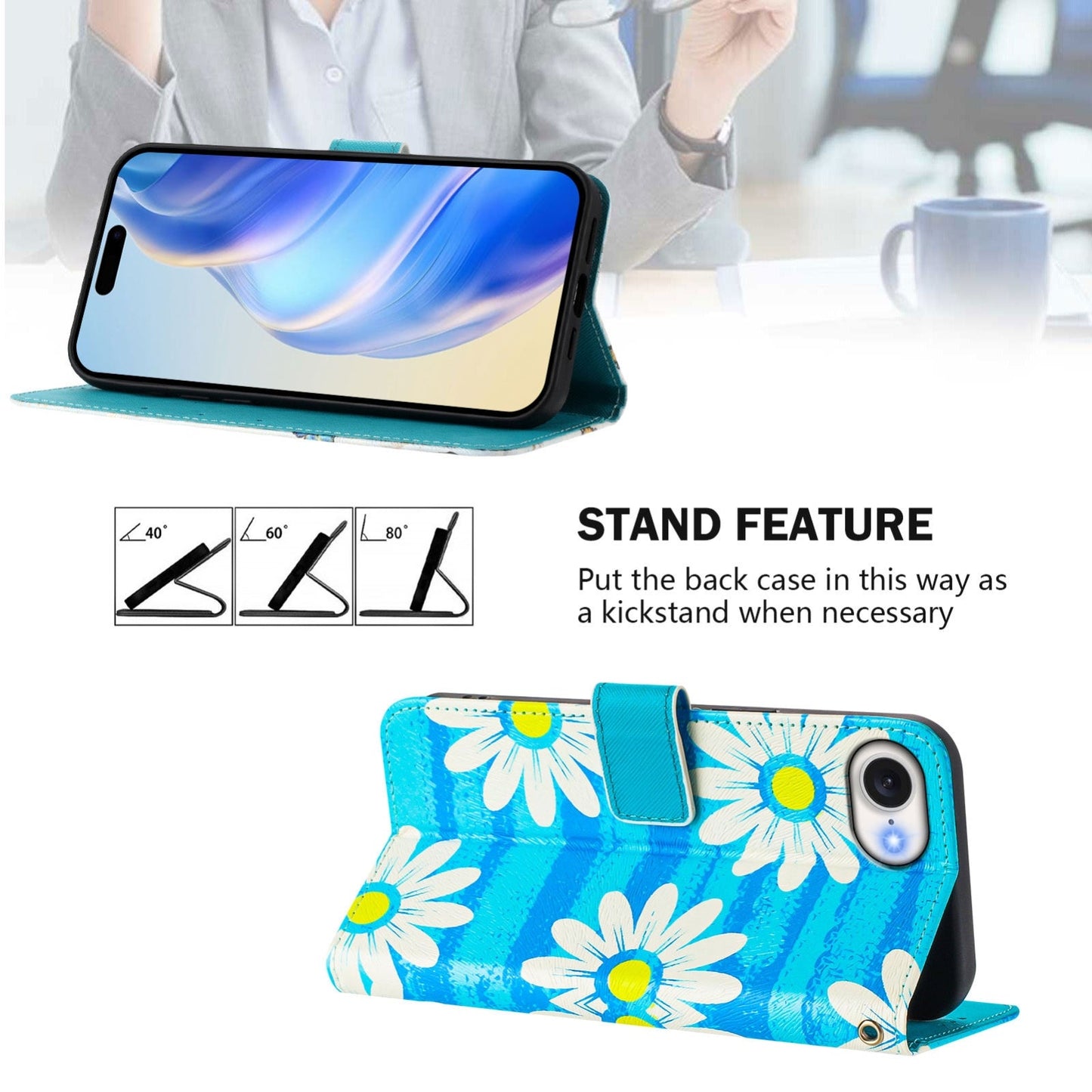 For iPhone 16e Art Colored Drawing Pattern Leather Phone Case(Blue daisy)