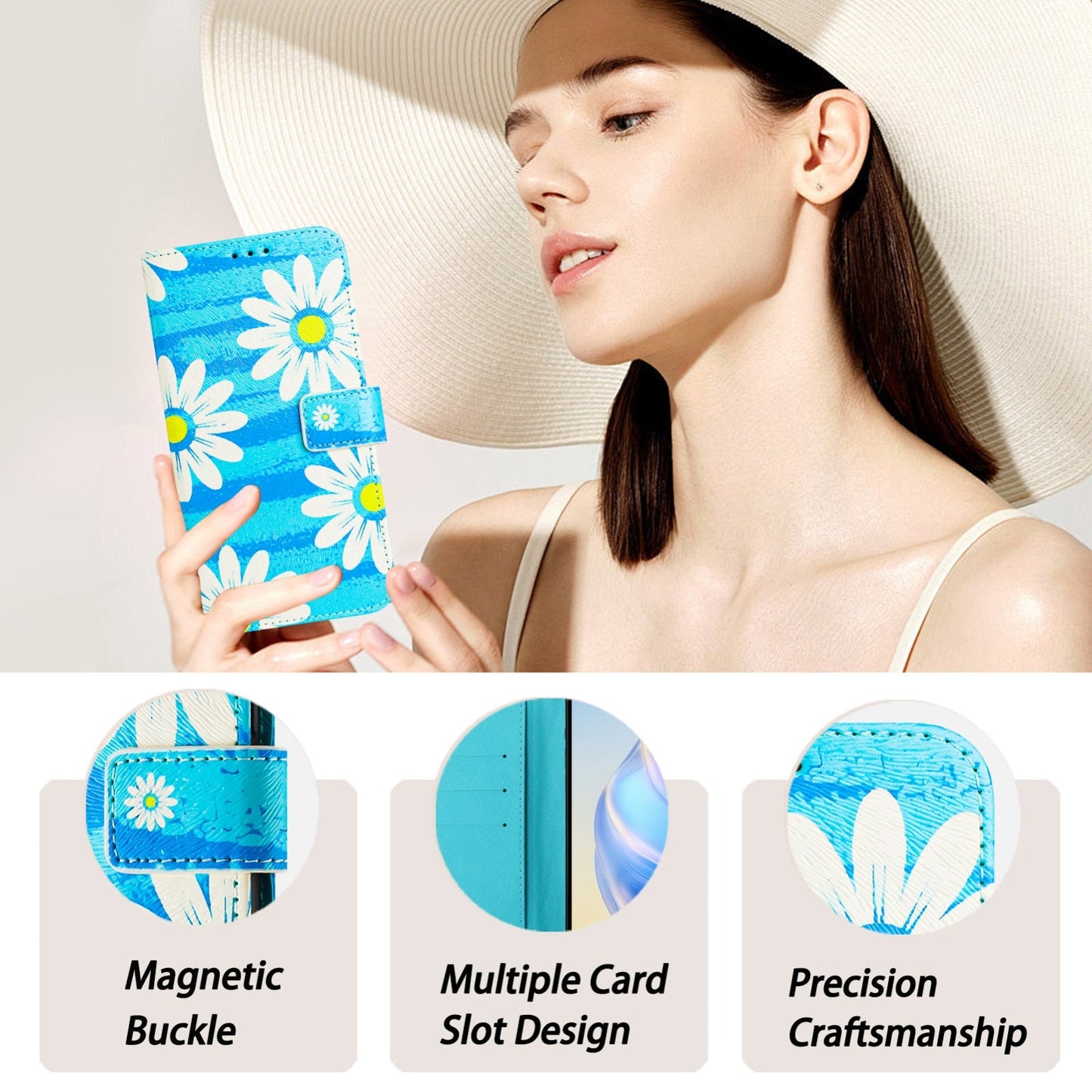 For iPhone 16e Art Colored Drawing Pattern Leather Phone Case(Blue daisy)