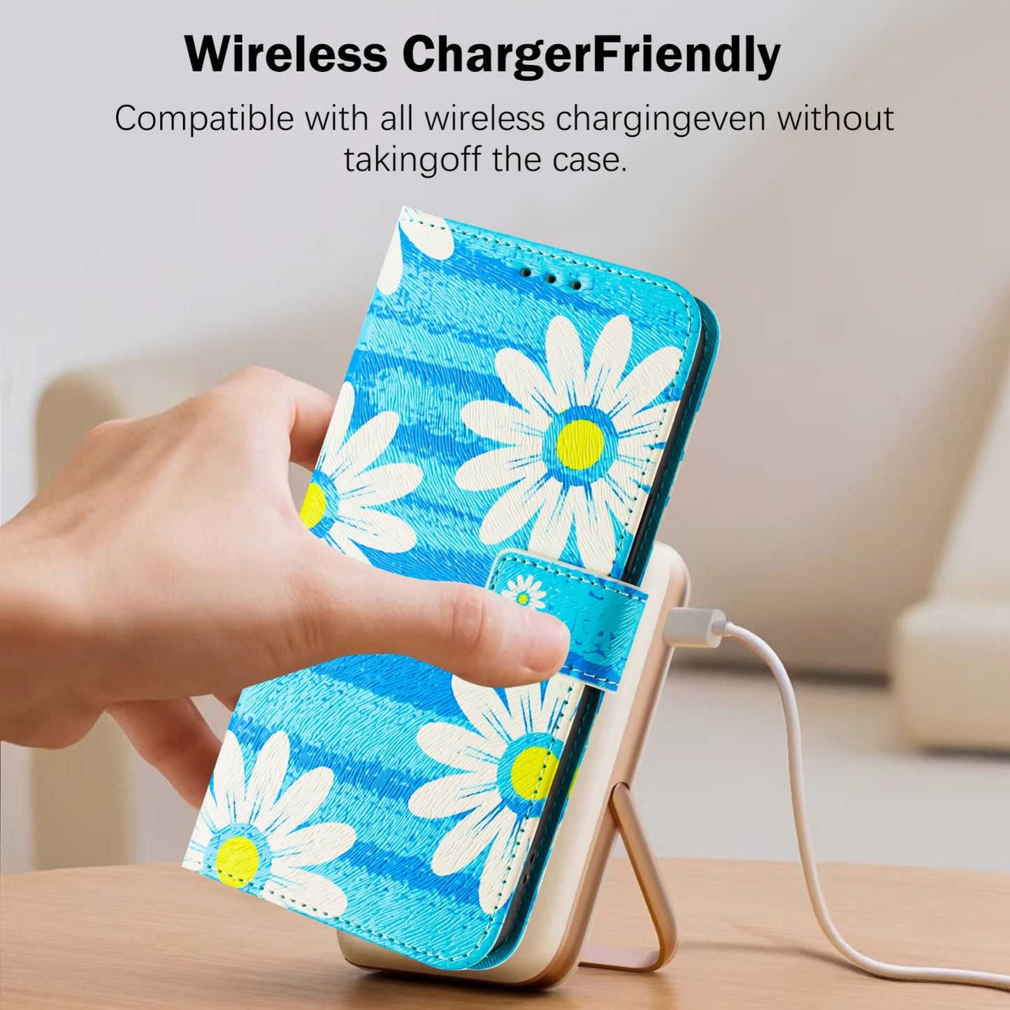 For iPhone 16e Art Colored Drawing Pattern Leather Phone Case(Blue daisy)