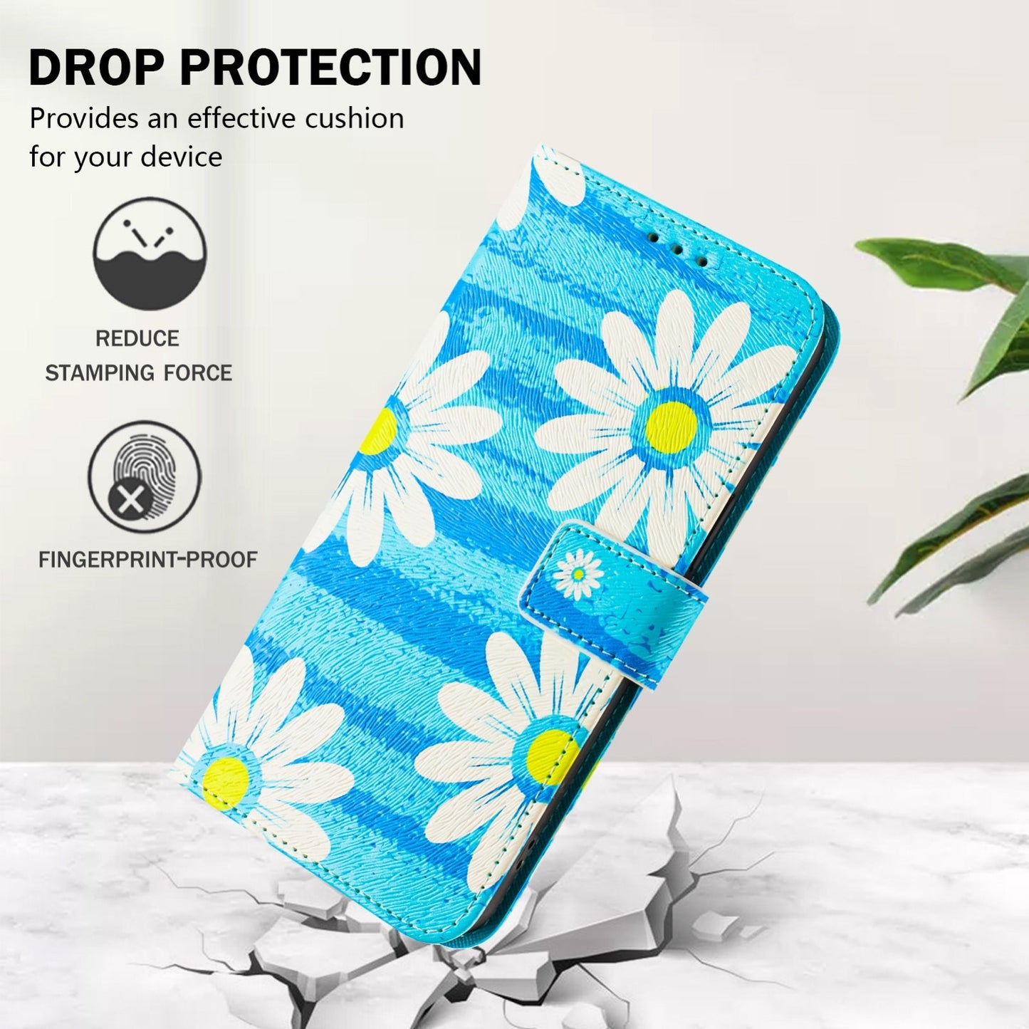 For iPhone 16e Art Colored Drawing Pattern Leather Phone Case(Blue daisy)