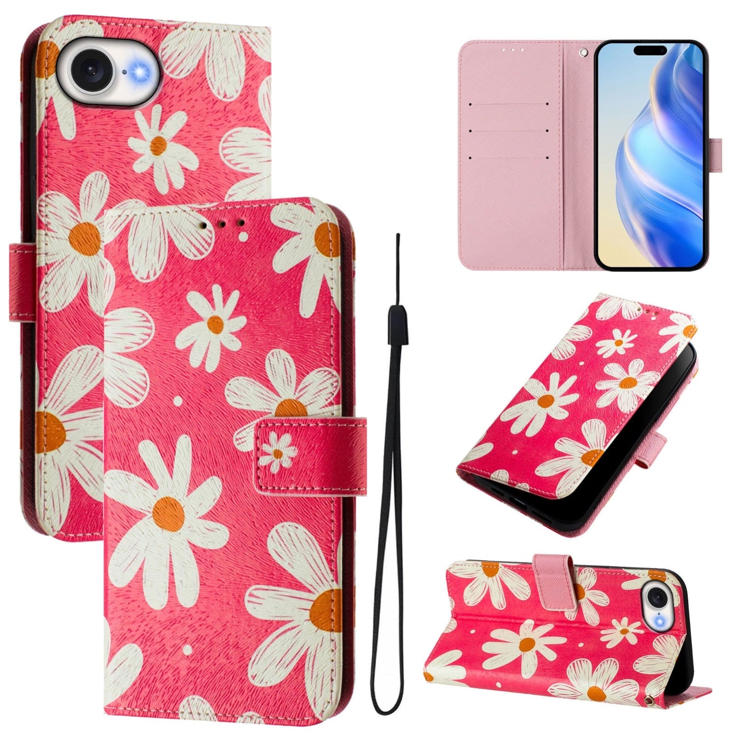 For iPhone 16e Art Colored Drawing Pattern Leather Phone Case(Pink daisy)