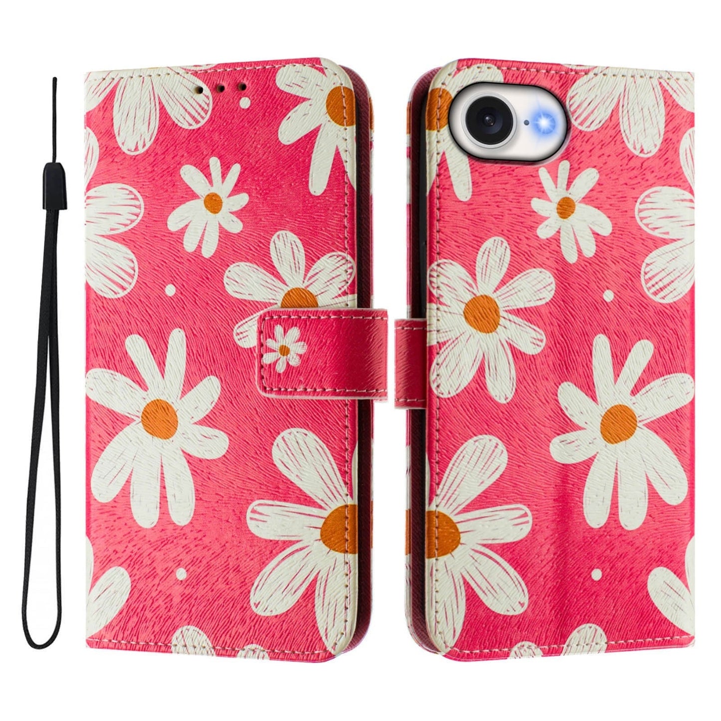 For iPhone 16e Art Colored Drawing Pattern Leather Phone Case(Pink daisy)