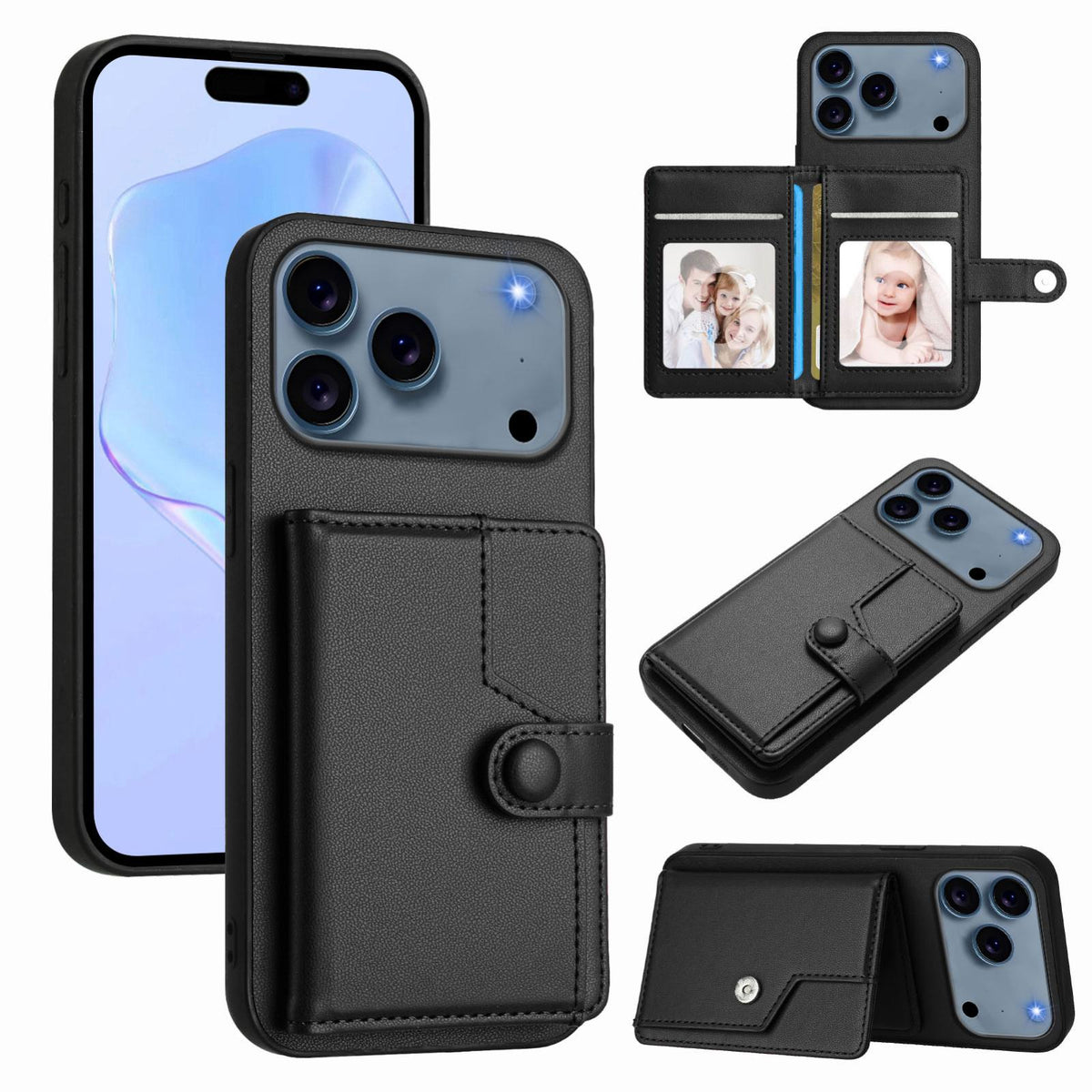 Compatible with iPhone 18 Pro Max & 17 Pro Max Button Card Bag RFID Anti-theft Phone Case - Black