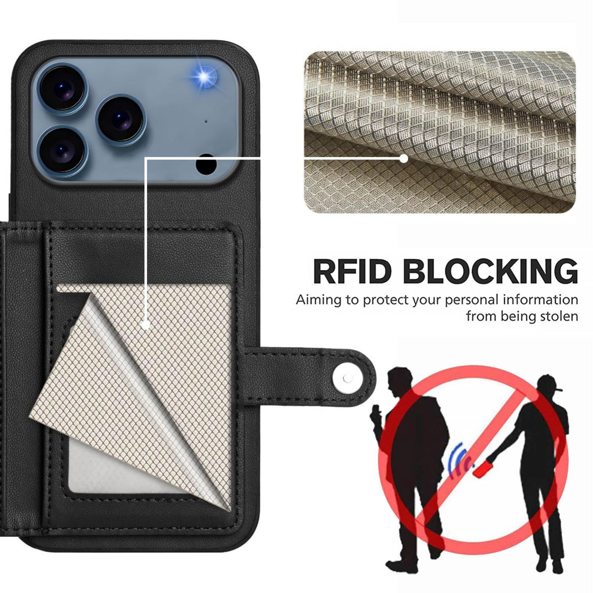 Compatible with iPhone 18 Pro Max & 17 Pro Max Button Card Bag RFID Anti-theft Phone Case - Black