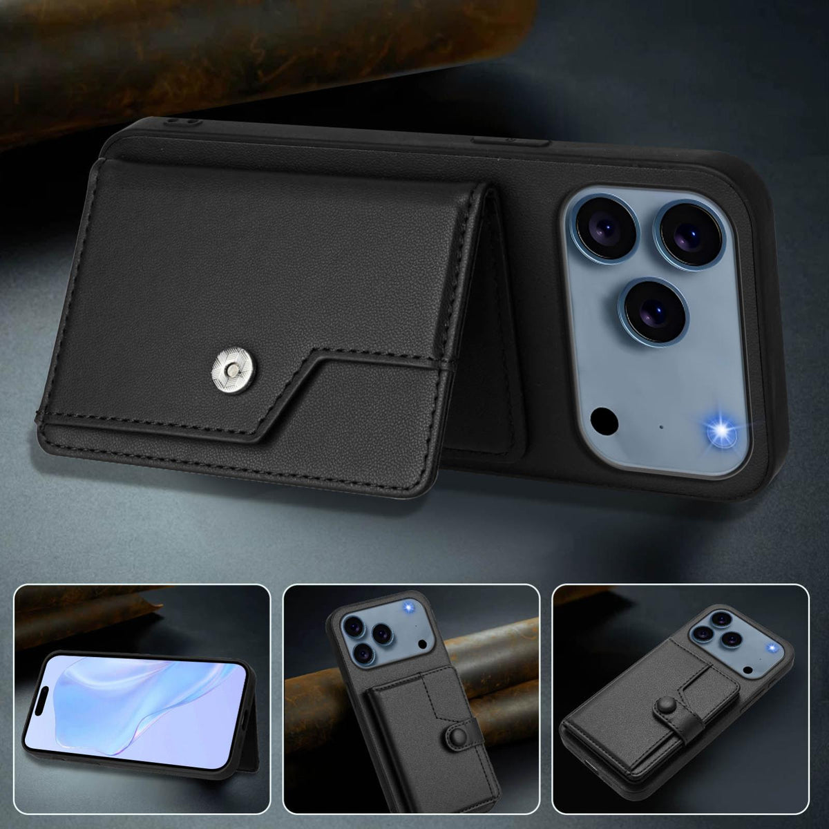 Compatible with iPhone 18 Pro Max & 17 Pro Max Button Card Bag RFID Anti-theft Phone Case - Black