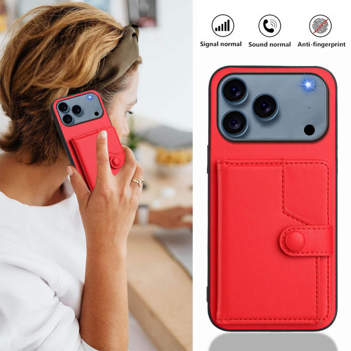 Compatible with iPhone 18 Pro Max & 17 Pro Max Button Card Bag RFID Anti-theft Phone Case - Red