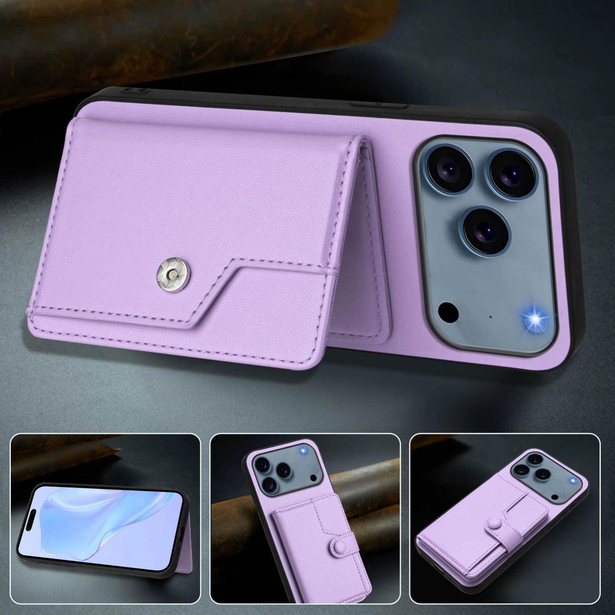 Compatible with iPhone 18 Pro Max & 17 Pro Max Button Card Bag RFID Anti-theft Phone Case - Purple