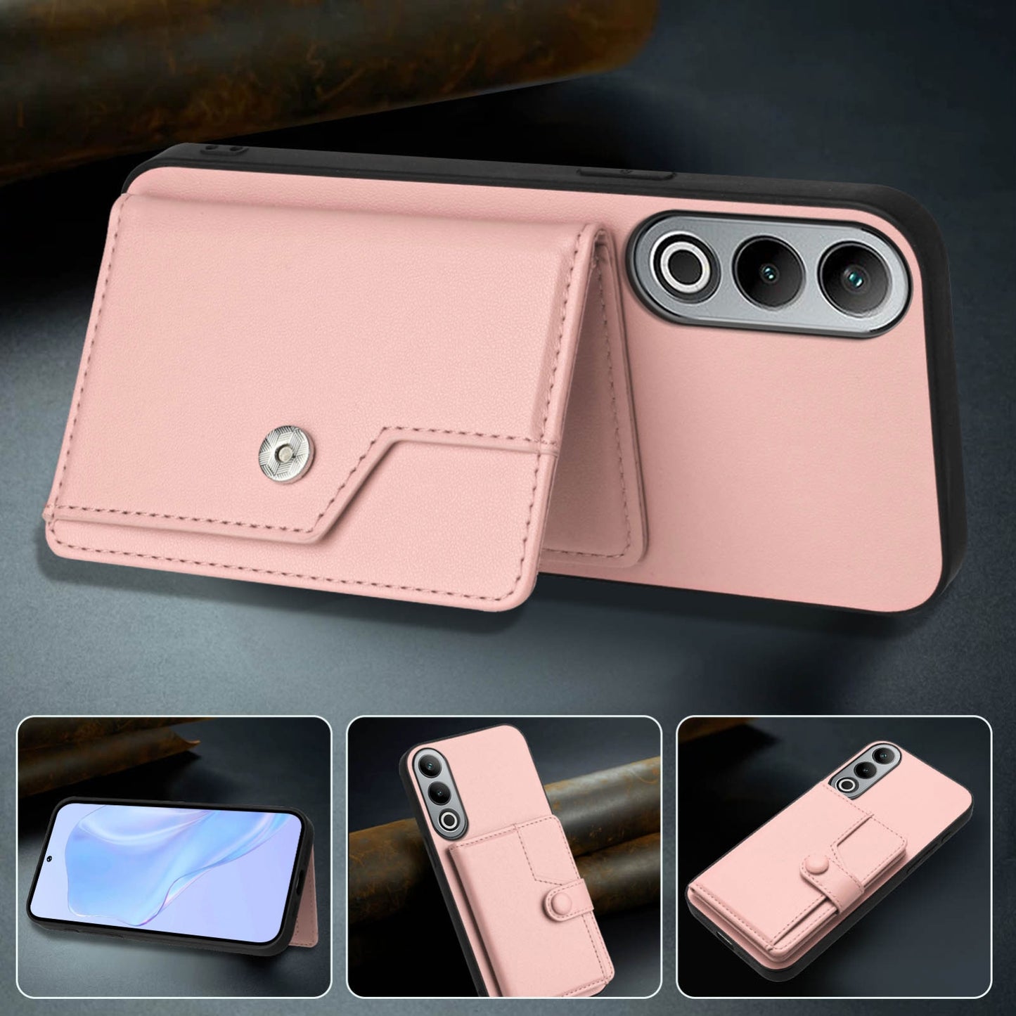For OPPO K12 5G Button Card Bag RFID Anti-theft Phone Case(Pink)
