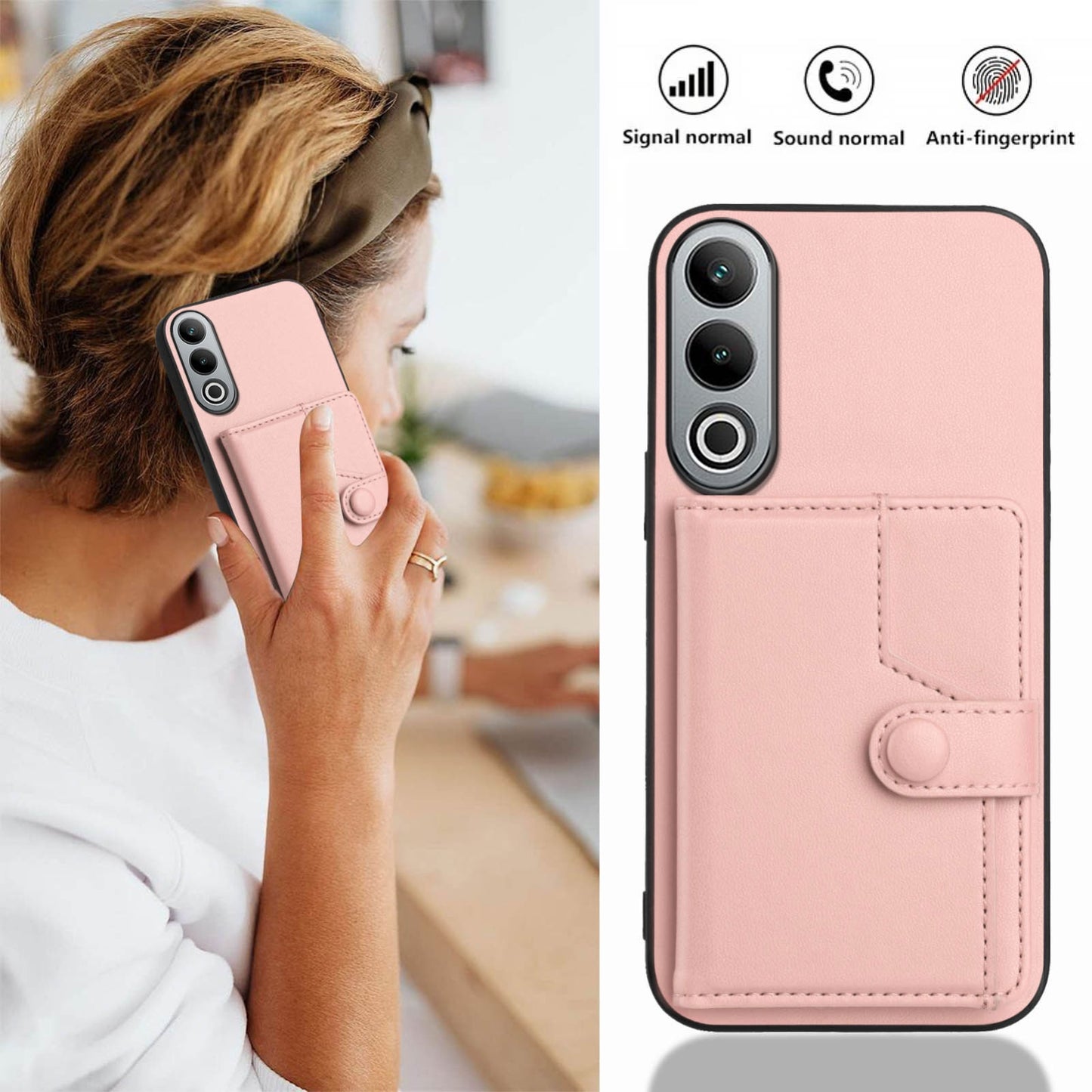 For OPPO K12 5G Button Card Bag RFID Anti-theft Phone Case(Pink)