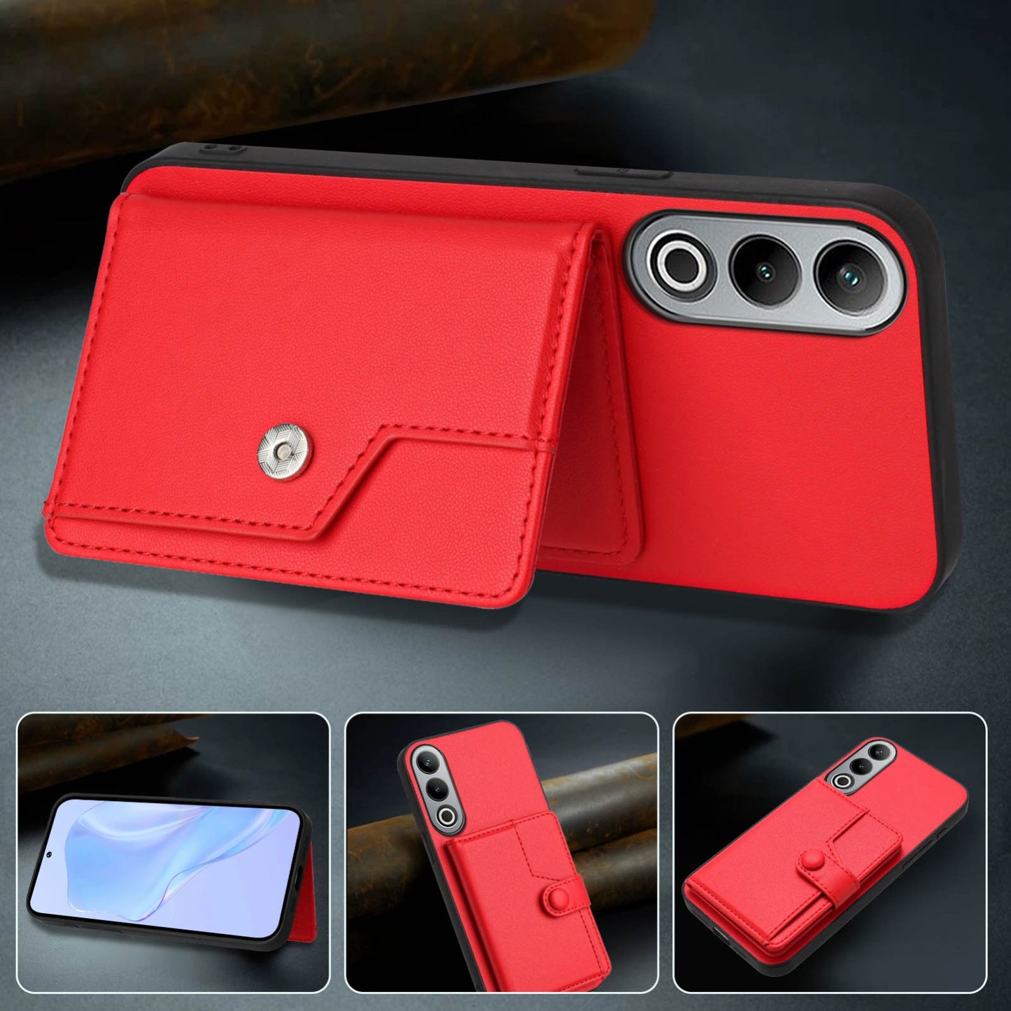 For OPPO K12 5G Button Card Bag RFID Anti-theft Phone Case(Red)
