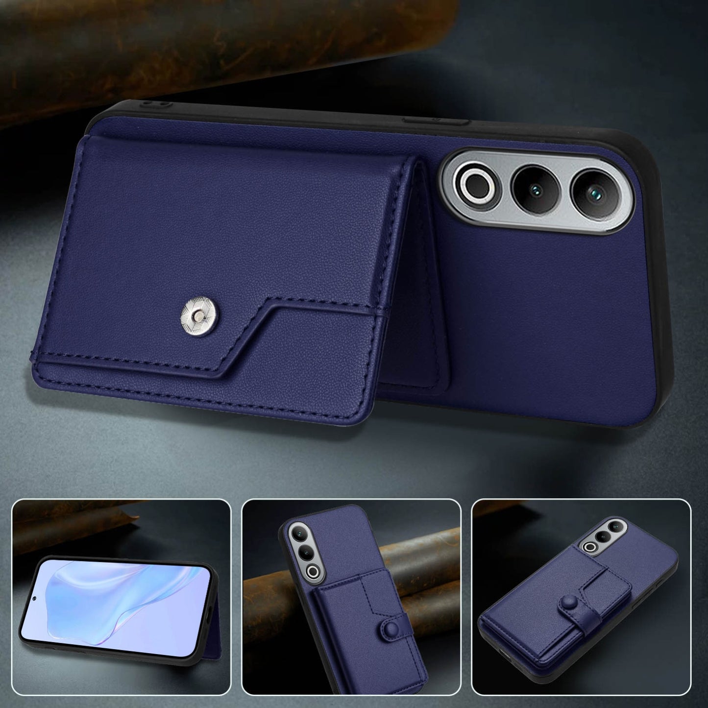 For OPPO K12 5G Button Card Bag RFID Anti-theft Phone Case(Blue)