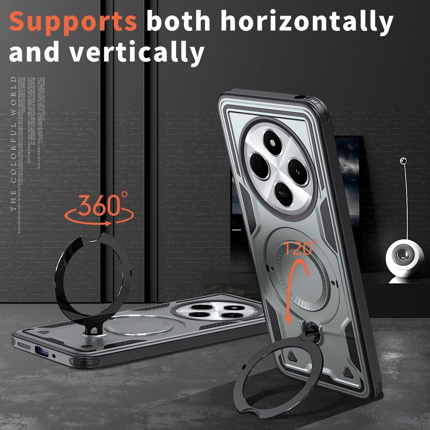 For Redmi 14C 5G PC Hybrid TPU Armor MagSafe Ring Holder Phone Case(Grey)