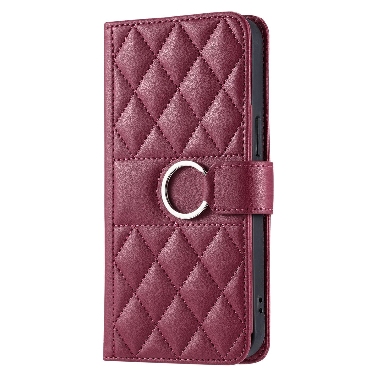 Compatible with iPhone 18 Pro Max Ring Buckle Rhombic Leather Phone Case - Red