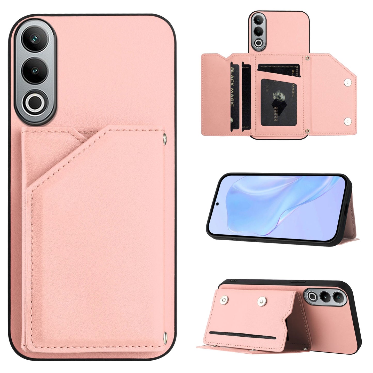 For OPPO K12 5G Skin Feel Four Card Slots Phone Case with Wrist Strap(Pink)