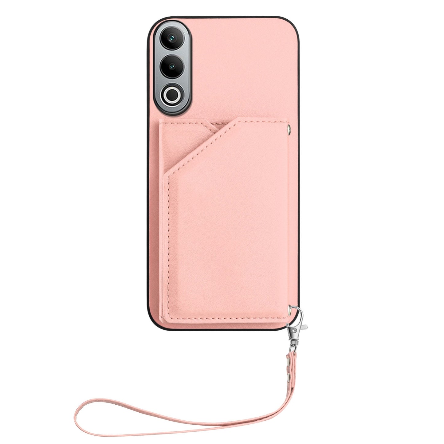 For OPPO K12 5G Skin Feel Four Card Slots Phone Case with Wrist Strap(Pink)
