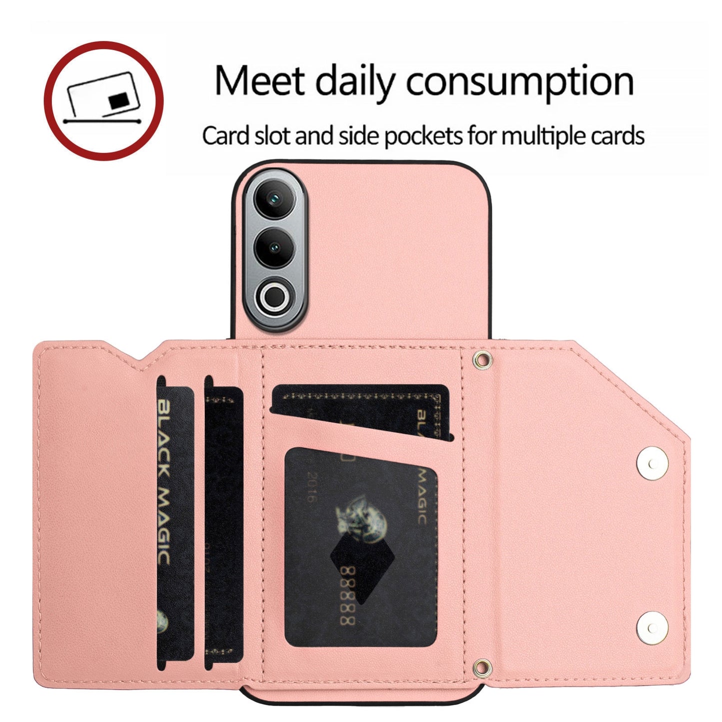 For OPPO K12 5G Skin Feel Four Card Slots Phone Case with Wrist Strap(Pink)