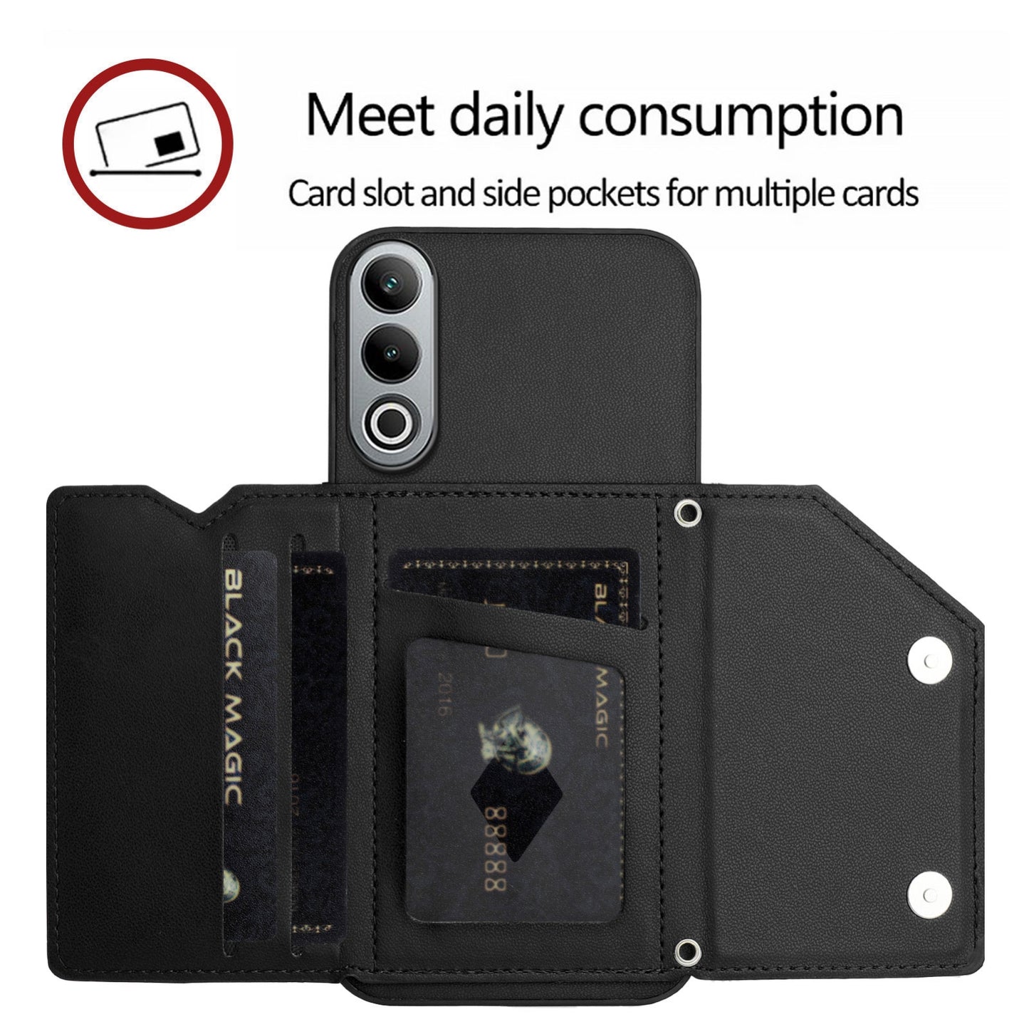 For OPPO K12 5G Skin Feel Four Card Slots Phone Case with Wrist Strap(Black)