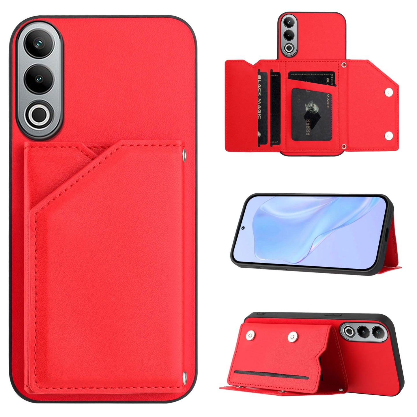 For OPPO K12 5G Skin Feel Four Card Slots Phone Case with Wrist Strap(Red)