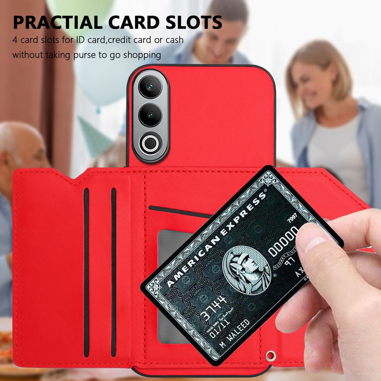 For OPPO K12 5G Skin Feel Four Card Slots Phone Case with Wrist Strap(Red)