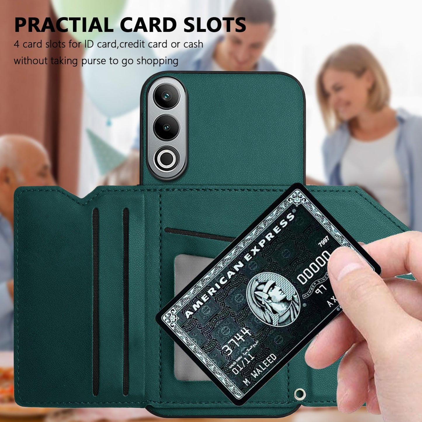 For OPPO K12 5G Skin Feel Four Card Slots Phone Case with Wrist Strap(Green)