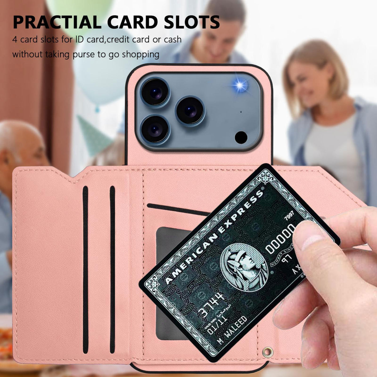 Compatible with iPhone 18 Pro Max & 17 Pro Max Skin Feel Four Card Slots Phone Case with Wrist Strap - Pink