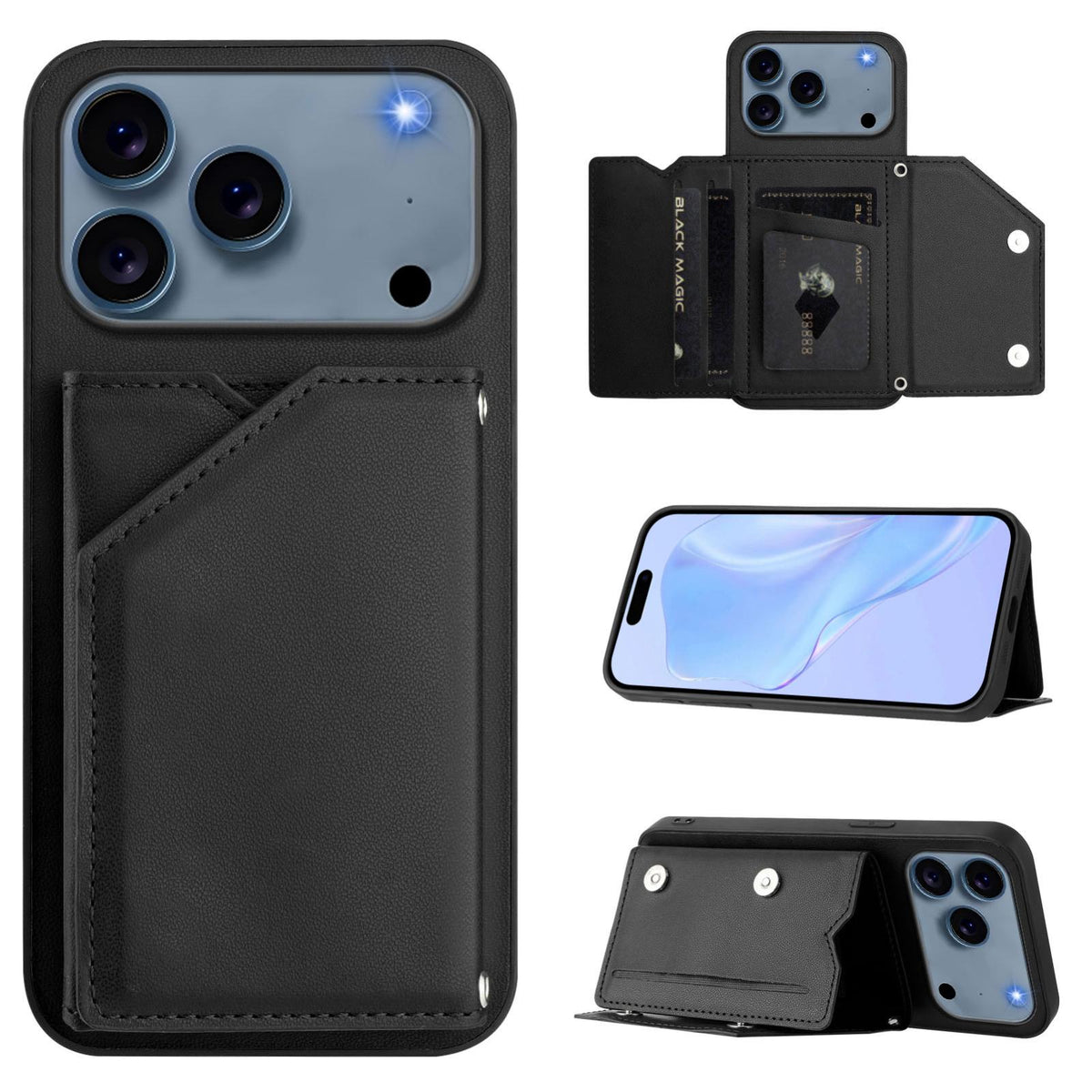 Compatible with iPhone 18 Pro Max & 17 Pro Max Skin Feel Four Card Slots Phone Case with Wrist Strap - Black