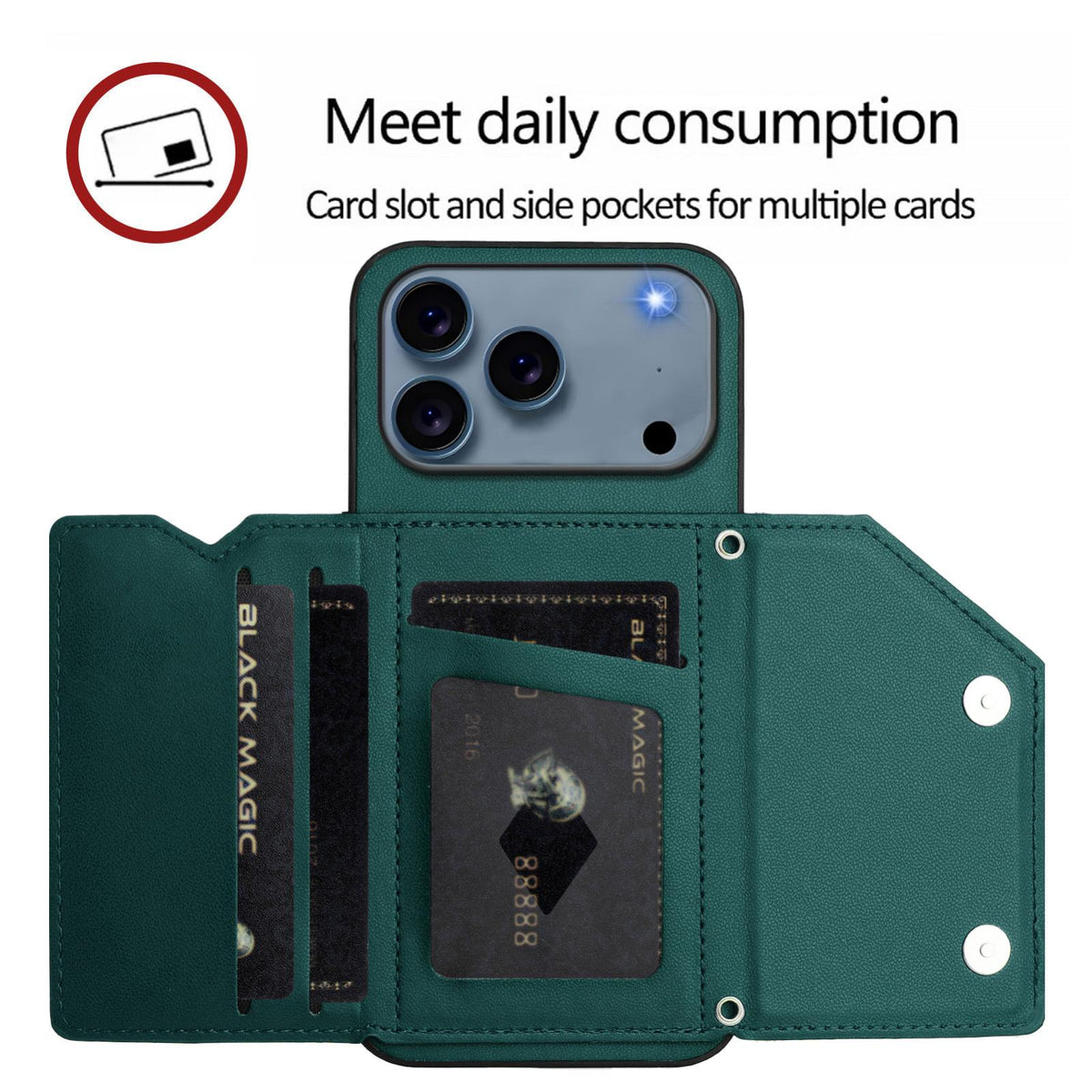 Compatible with iPhone 18 Pro Max & 17 Pro Max Skin Feel Four Card Slots Phone Case with Wrist Strap - Green