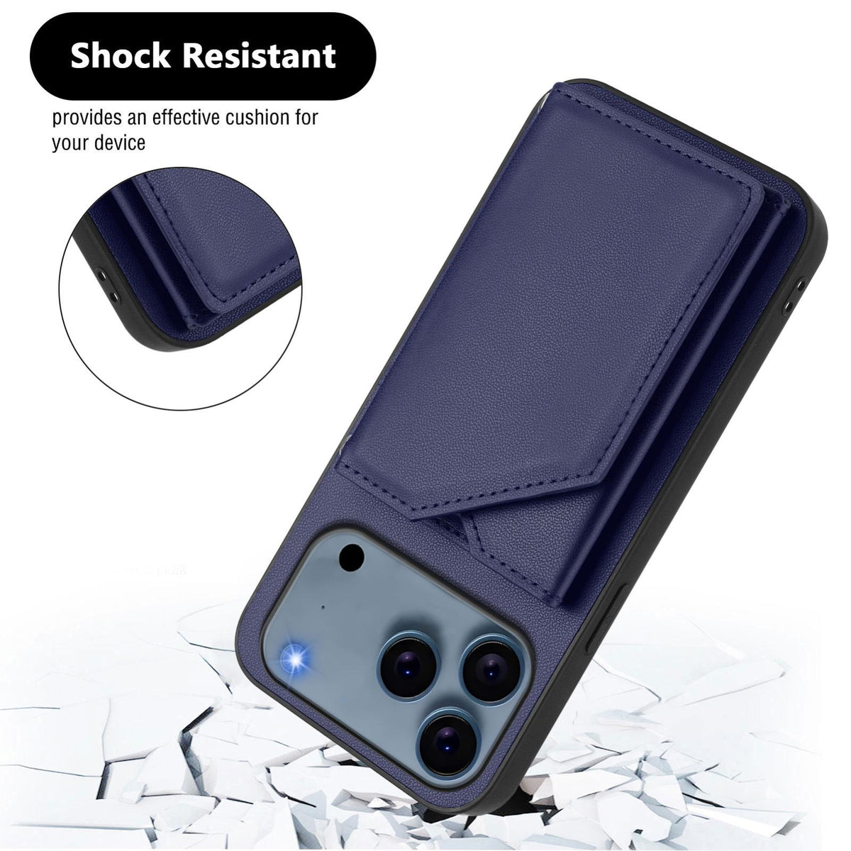 Compatible with iPhone 18 Pro Max & 17 Pro Max Skin Feel Four Card Slots Phone Case with Wrist Strap - Blue