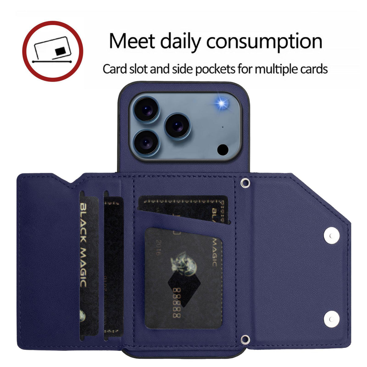 Compatible with iPhone 18 Pro Max & 17 Pro Max Skin Feel Four Card Slots Phone Case with Wrist Strap - Blue