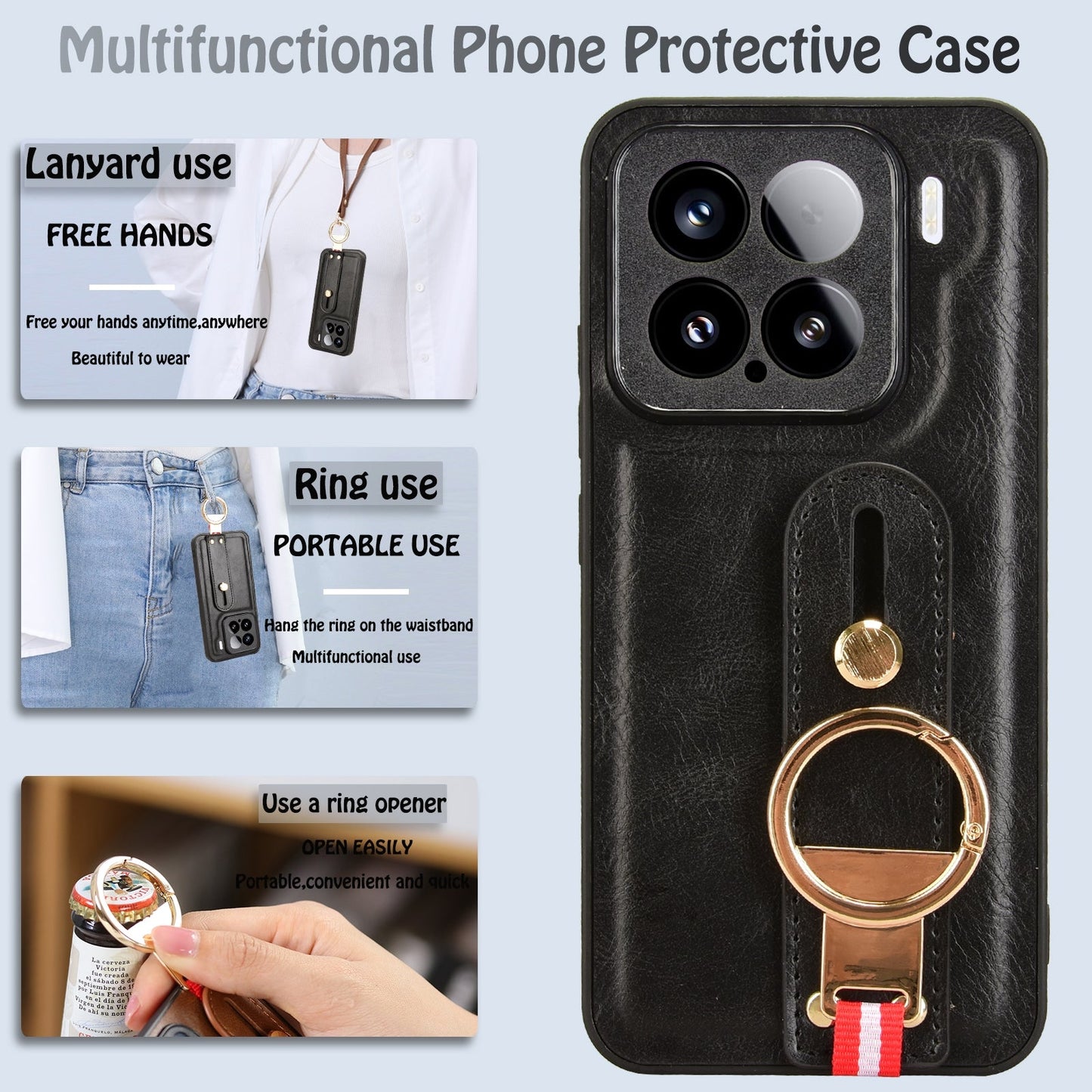 For Xiaomi 15 Pro Wristband Leather Back Phone Case(Black)