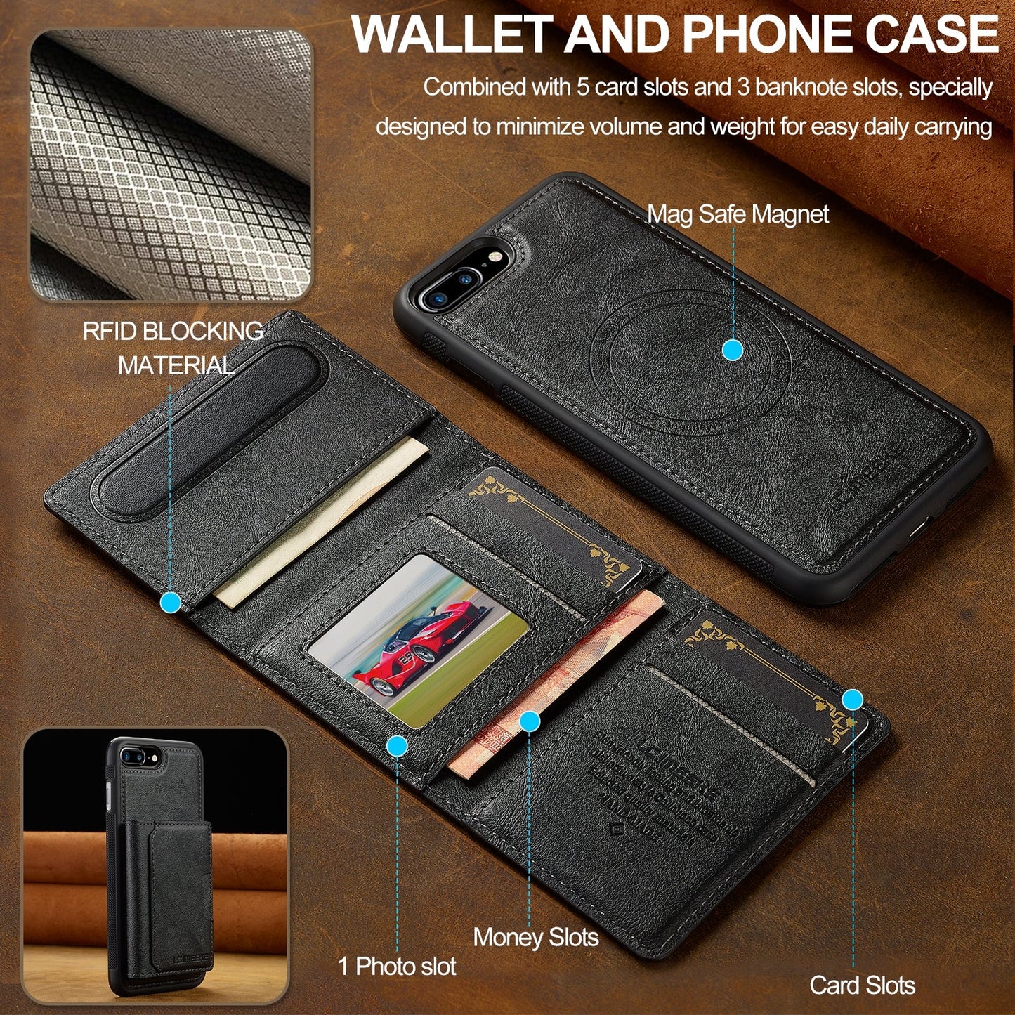 For iPhone 16e LC.IMEEKE L5 Series Detachable RFID Card Bag Magsafe Phone Case(Black)